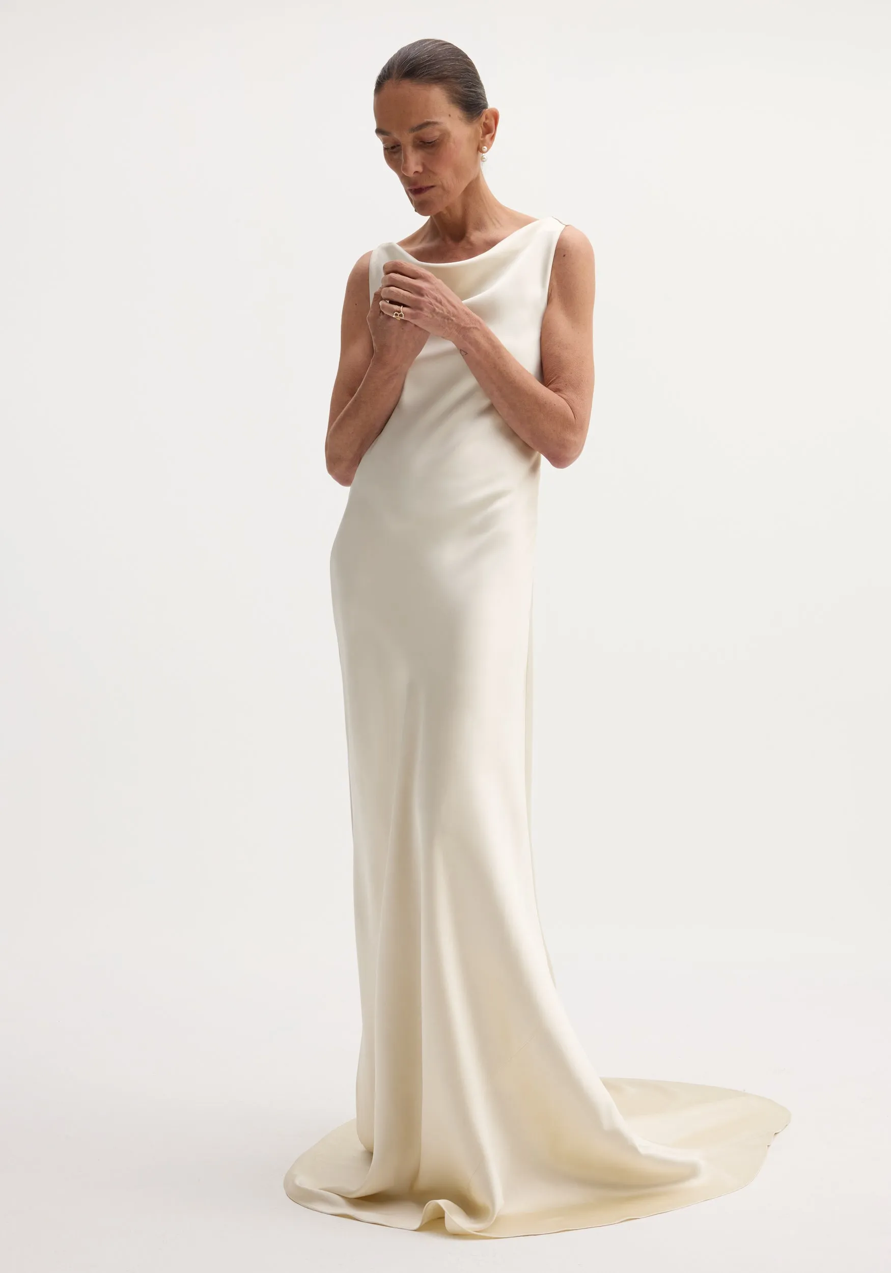 Draped satin dress with train | ivory sold by Rohe
