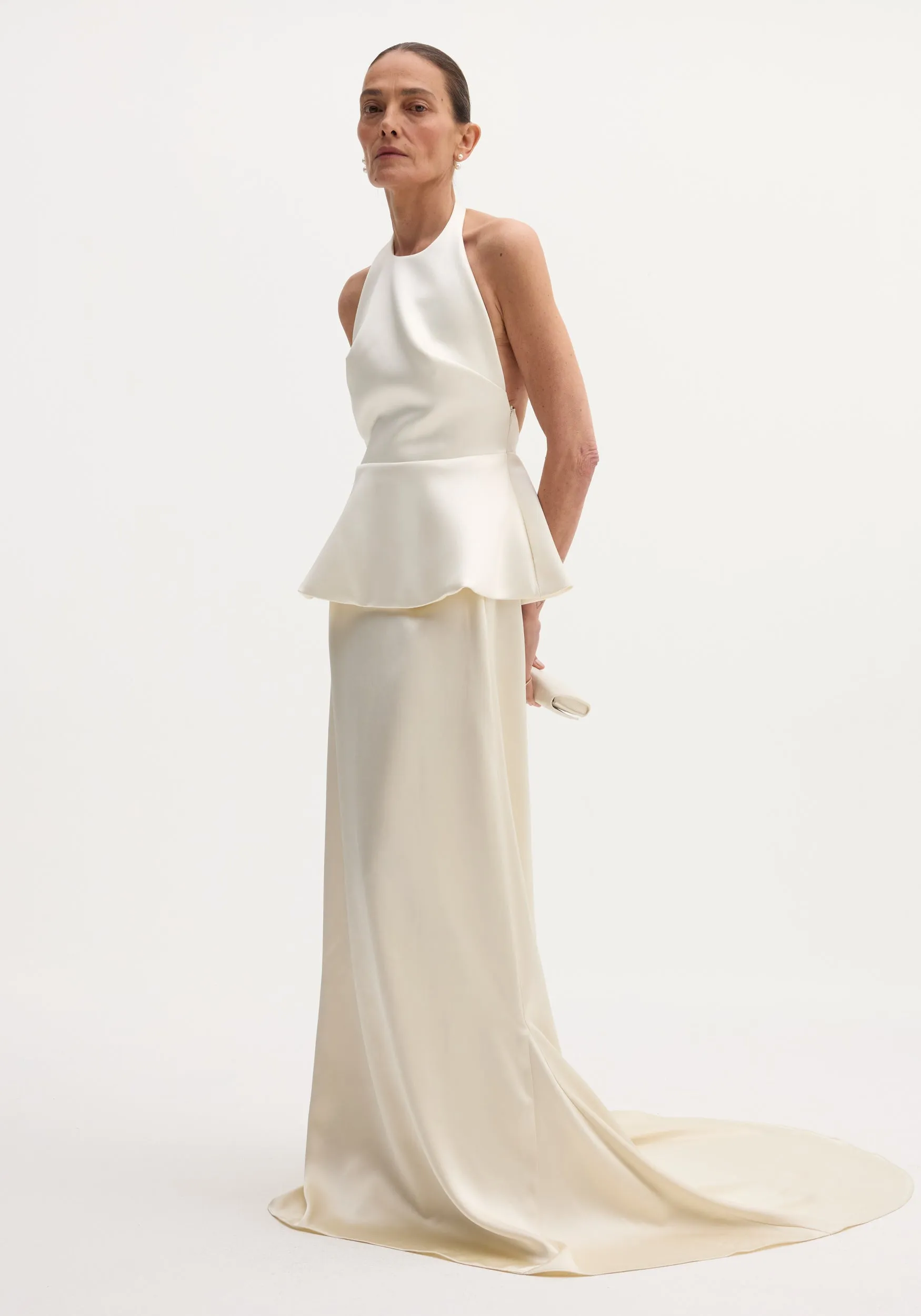 Sculptural satin halter top with separate silk skirt | ivory sold by Rohe