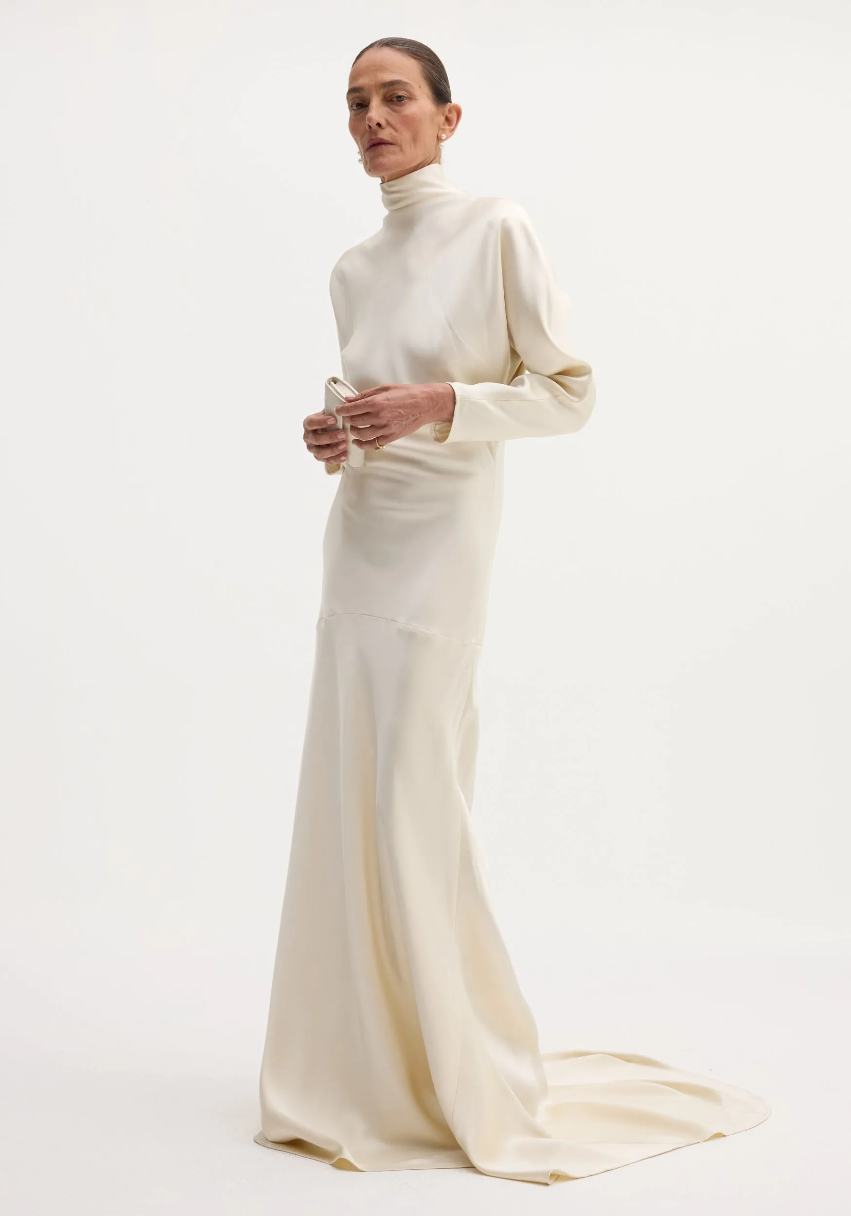 Satin button down dress with train | ivory sold by Rohe