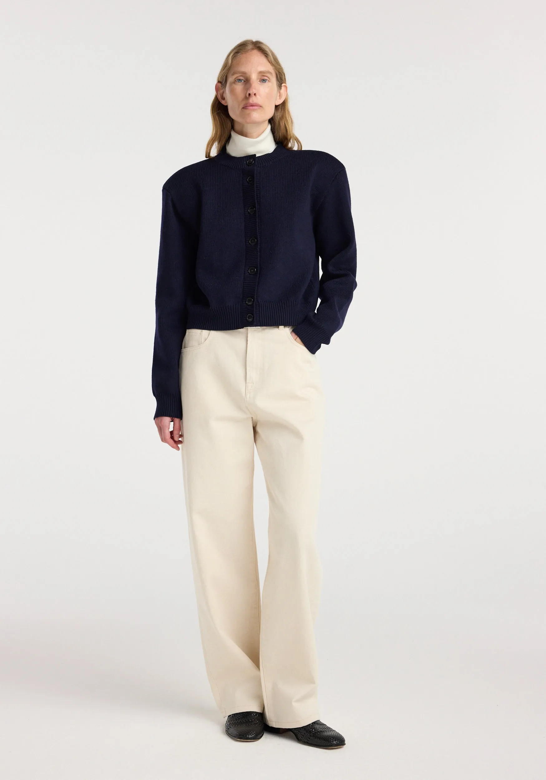Statement shoulder cardigan | navy sold by Rohe