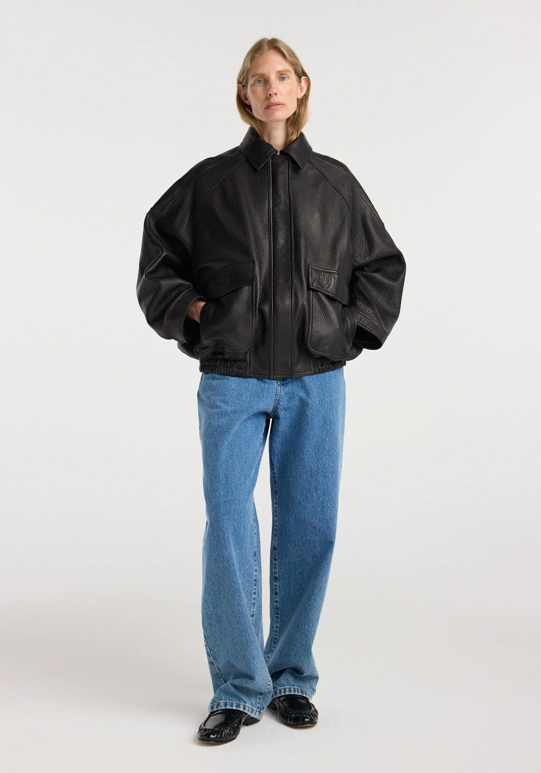 Grain leather aviator jacket | black sold by Rohe