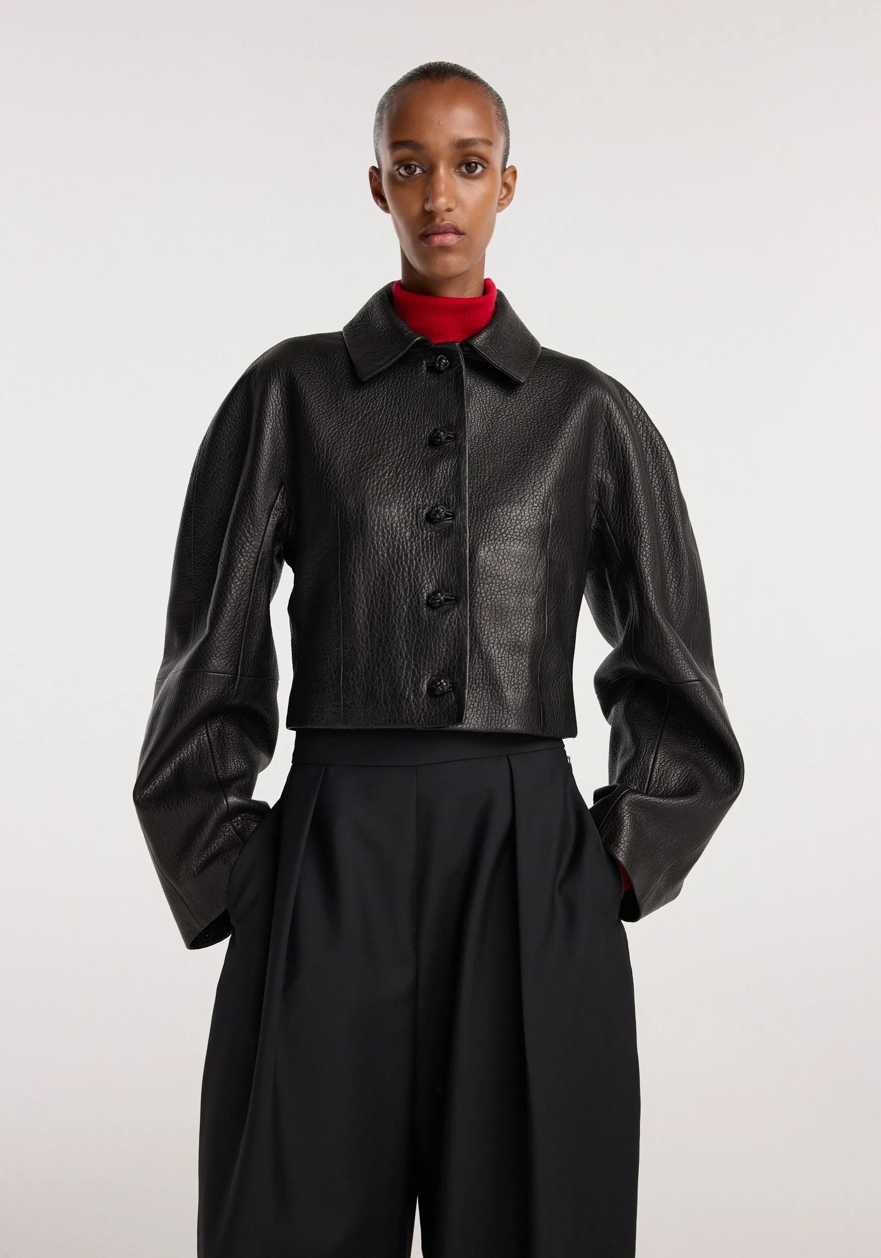 Rounded grain leather cropped jacket | black sold by Rohe product image thumbnail 4