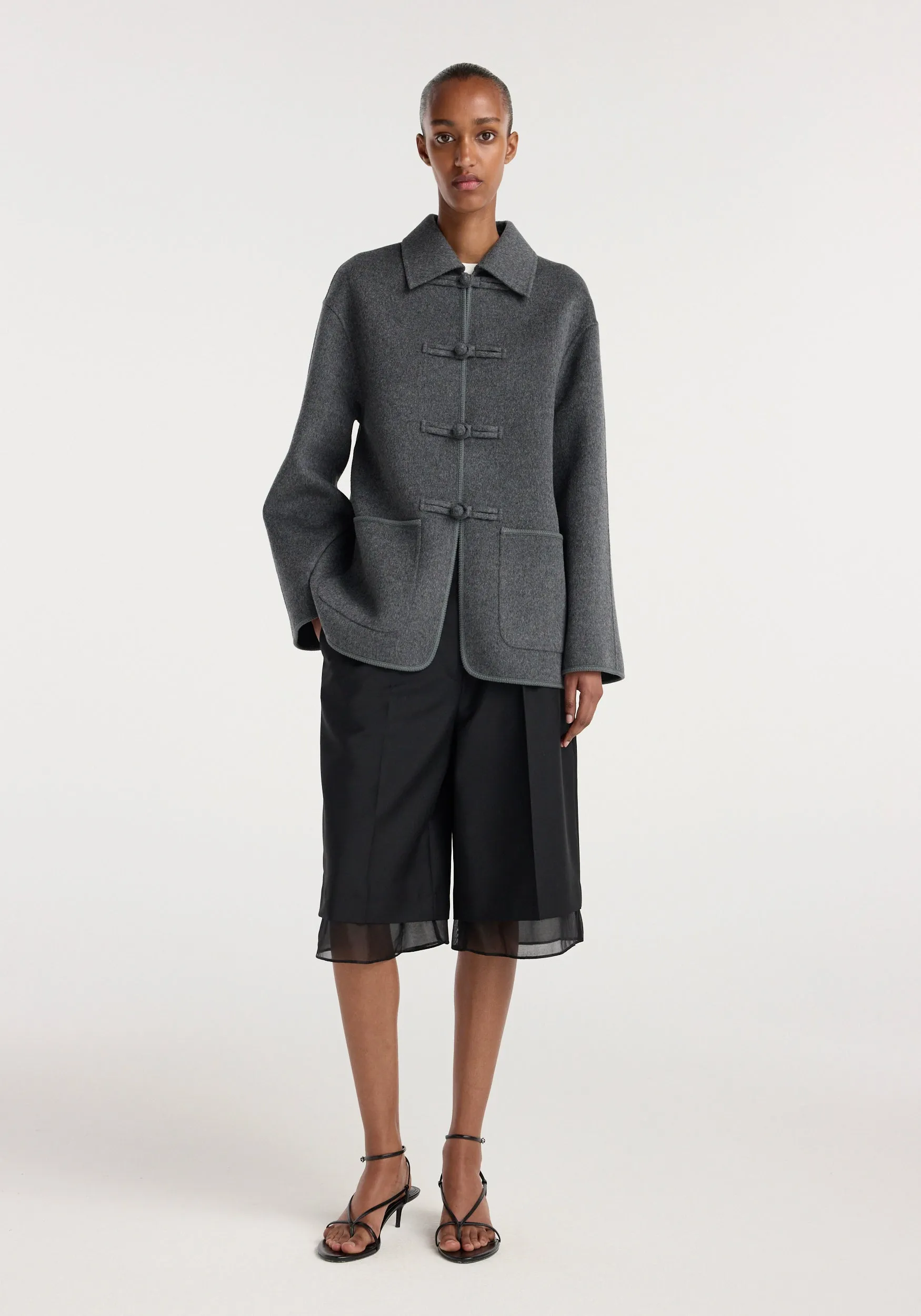 Double-faced wool pankou closure jacket | dark grey melange sold by Rohe