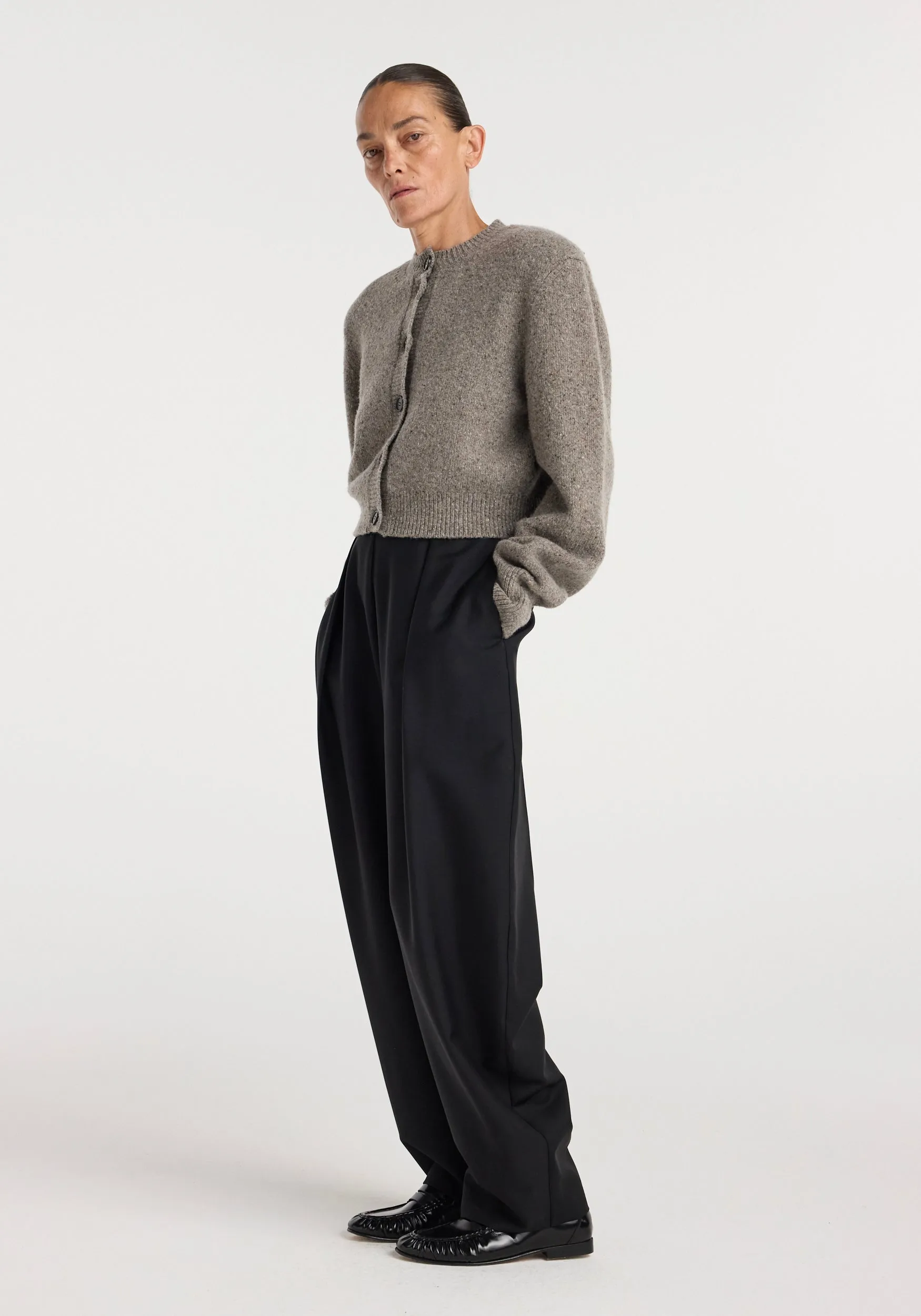 Statement mouliné cardigan | dark taupe melange sold by Rohe