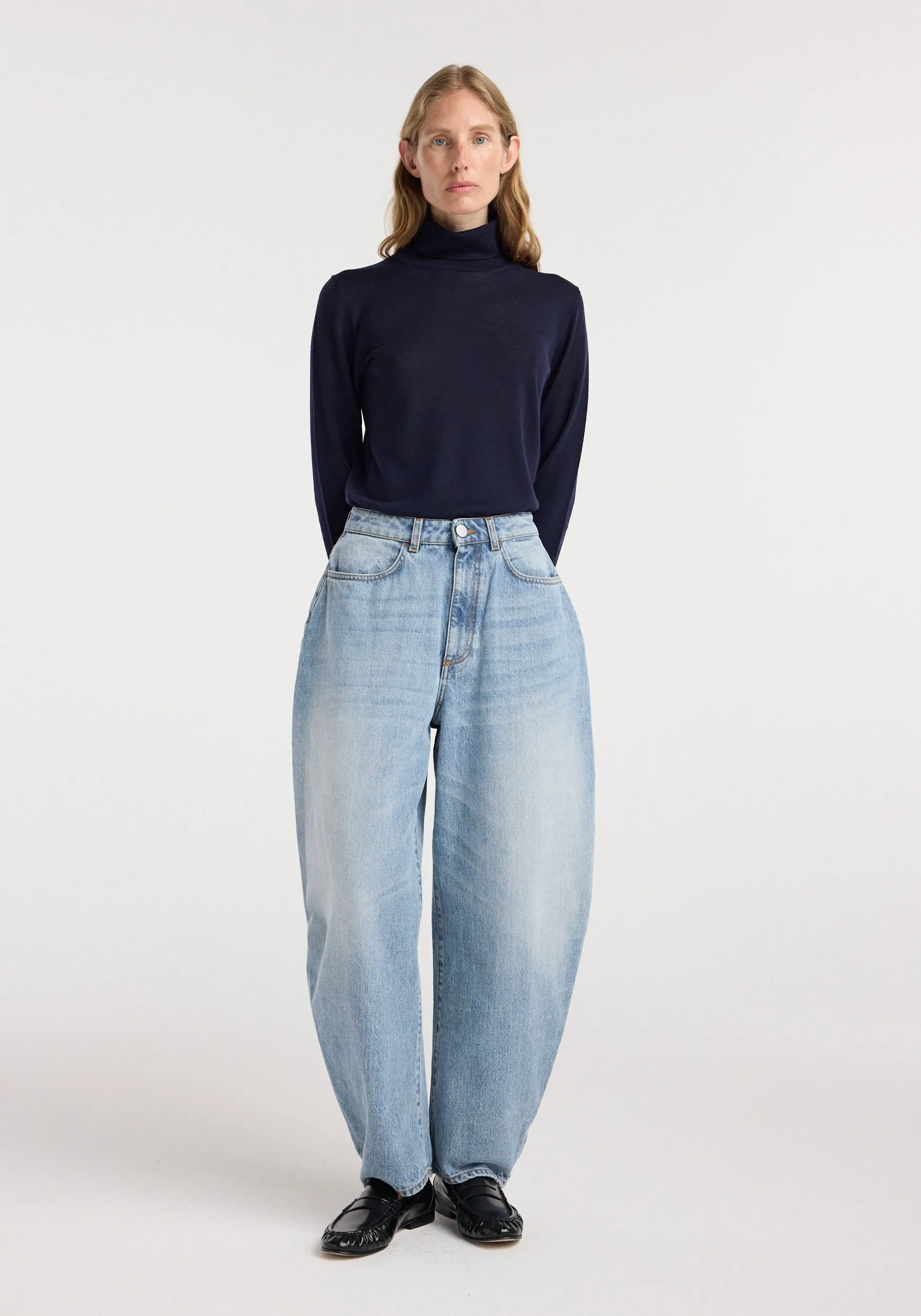 Fransje - Sculptural denim trousers | classic blue sold by Rohe