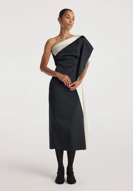 Sculptural double-satin off-shoulder dress | black/white made by Rohe