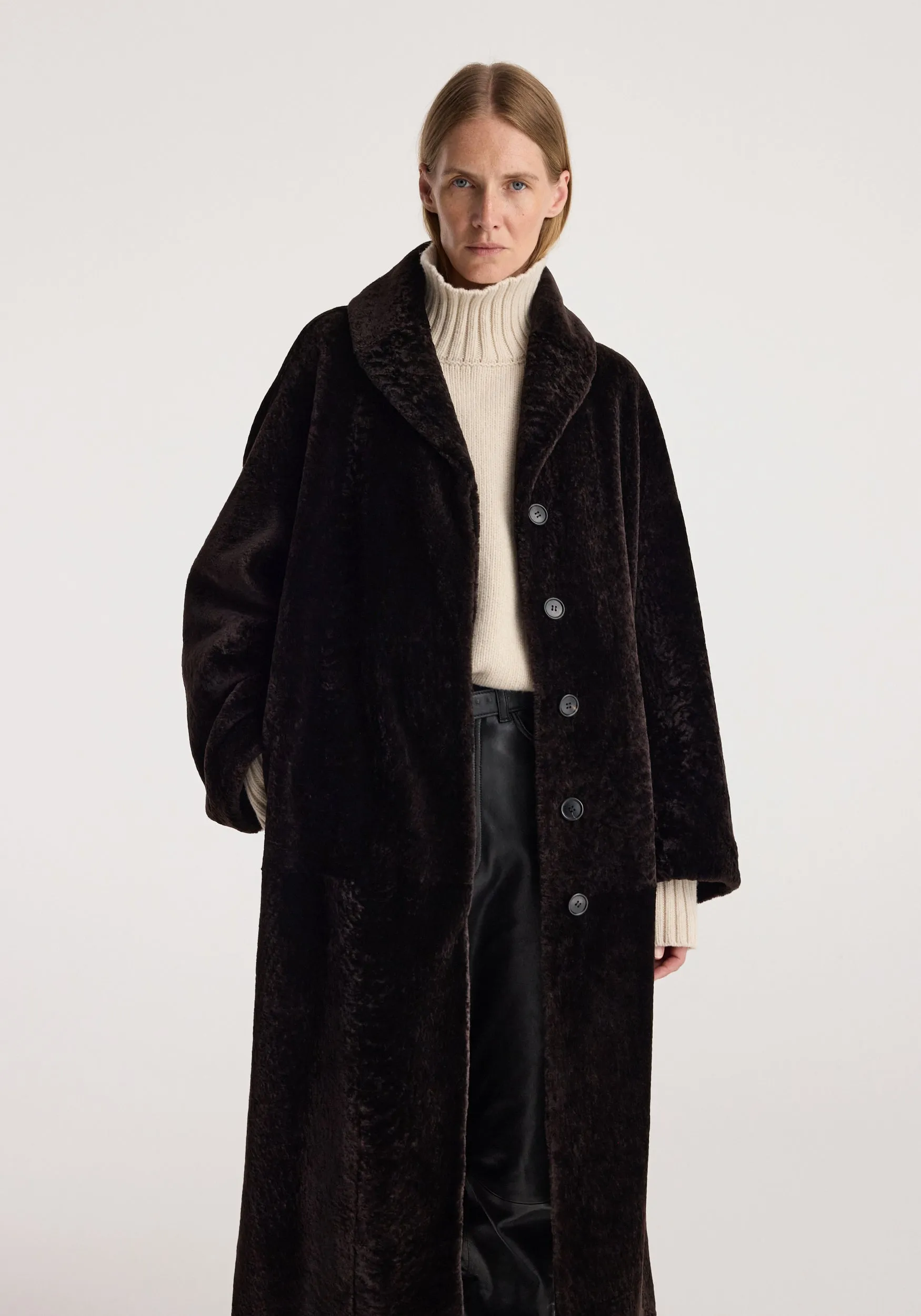 Shearling Shawl-Collar Coat | dark chocolate sold by Rohe product image thumbnail 4