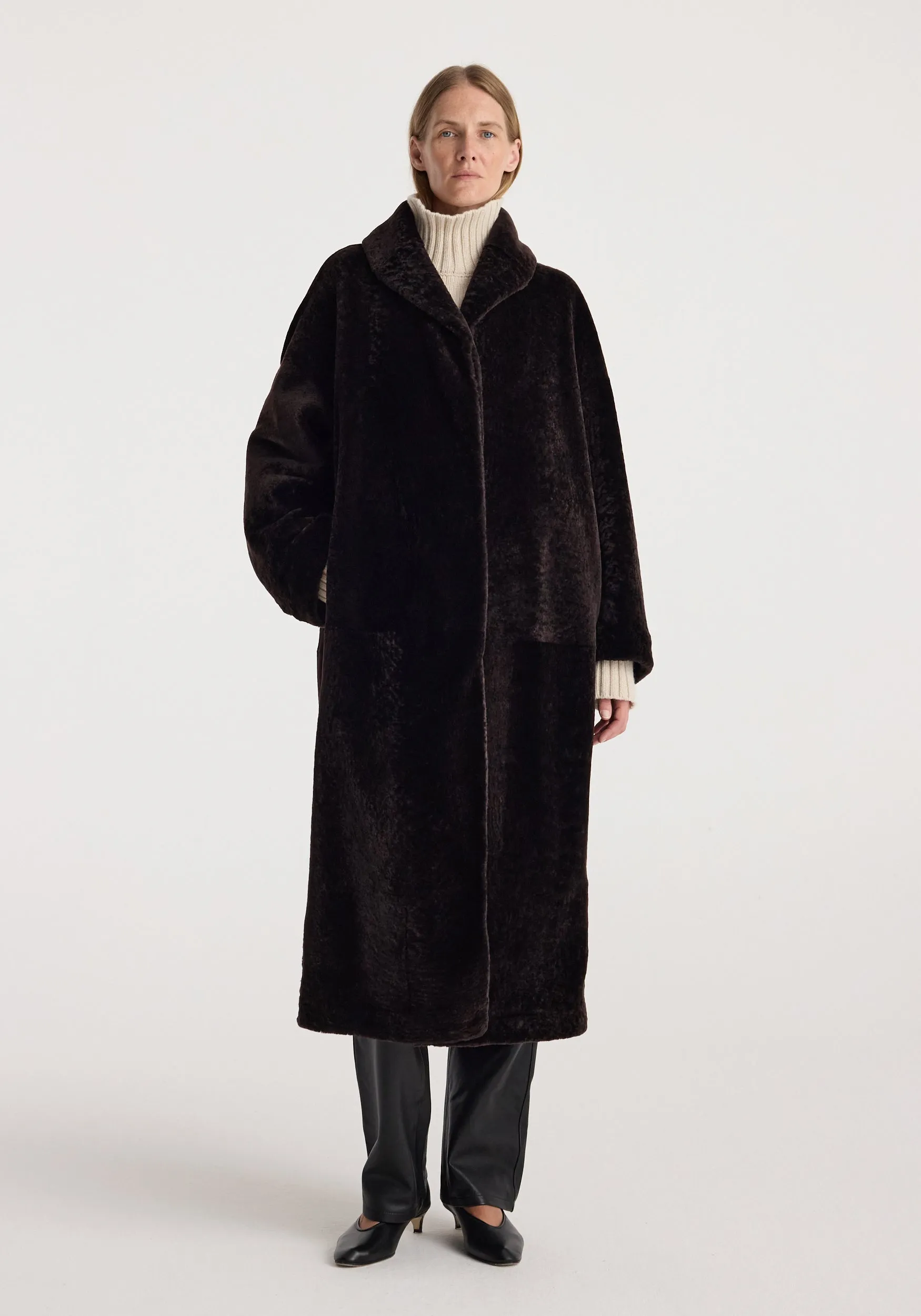 Shearling Shawl-Collar Coat | dark chocolate sold by Rohe product image thumbnail 3