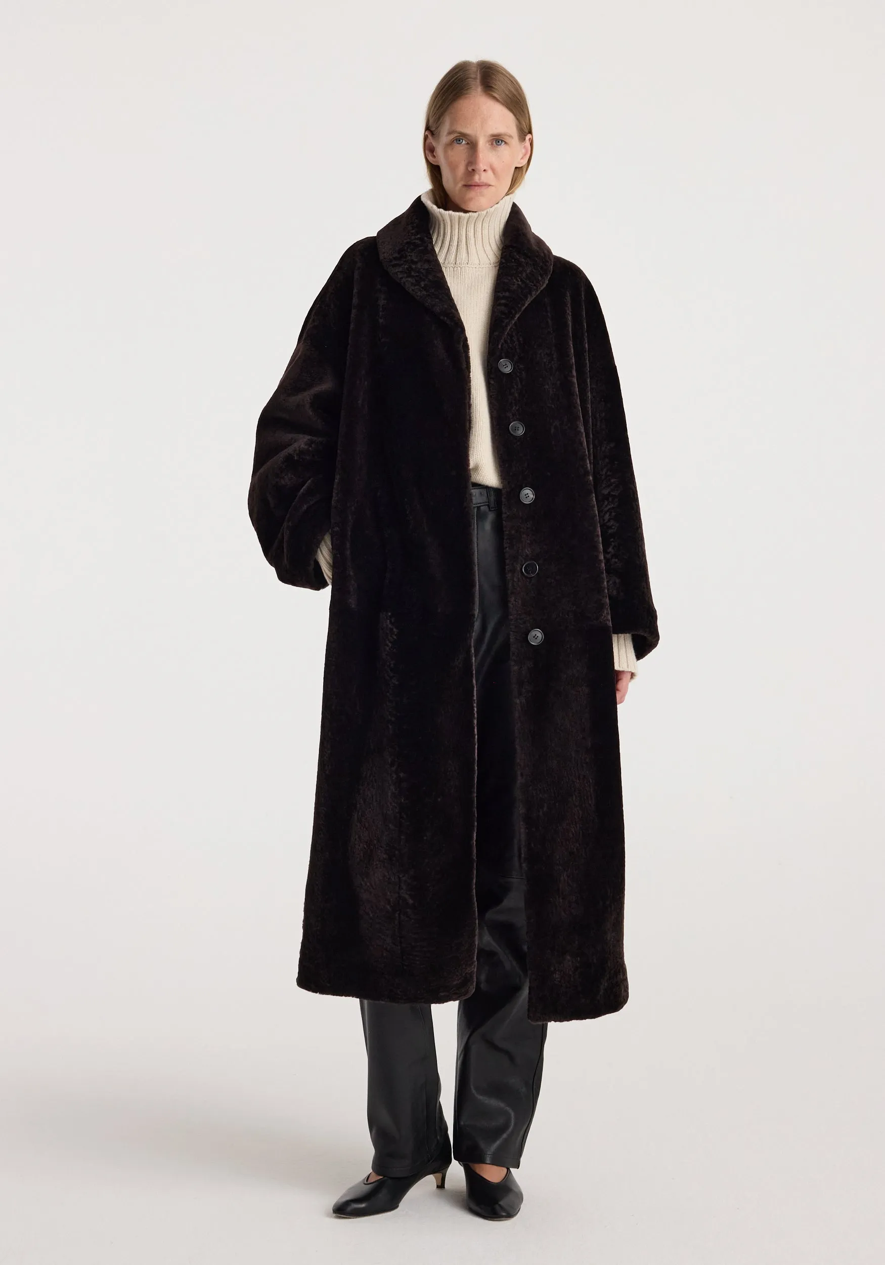 Shearling Shawl-Collar Coat | dark chocolate sold by Rohe