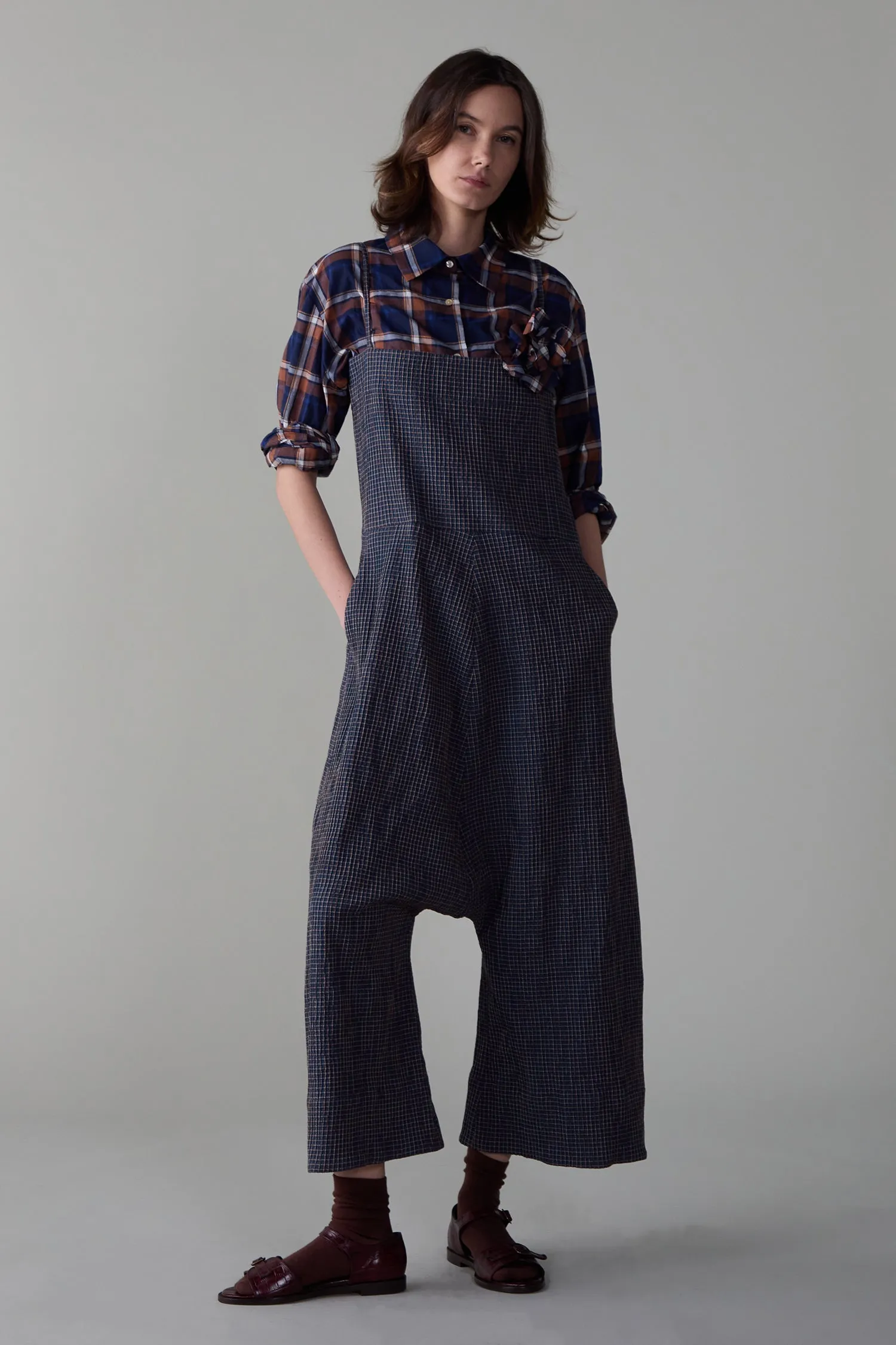 MALI JUMPSUIT | NAVY CHECK DOUBLE CLOTH sold by Caron Callahan