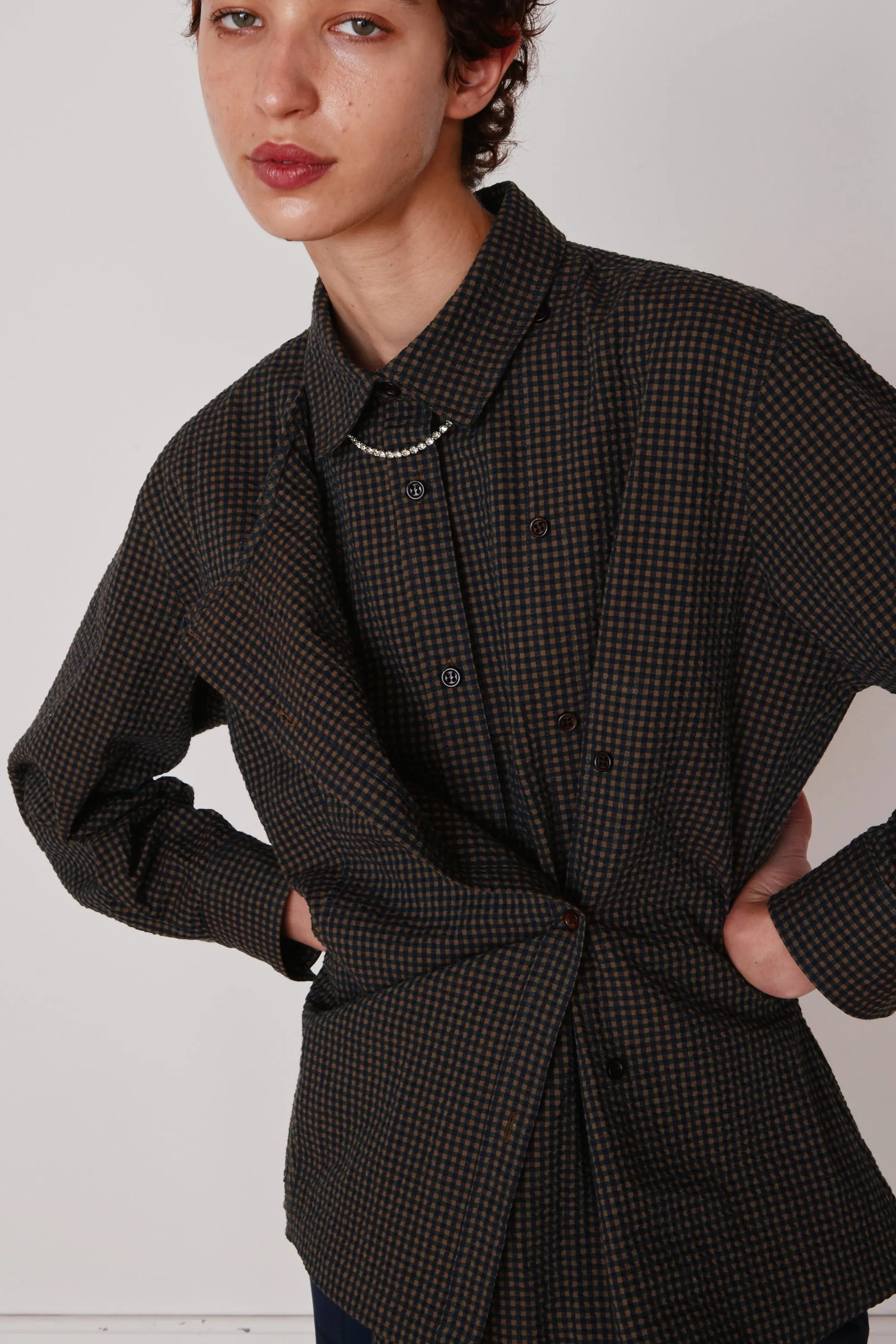 JOANNA SHIRT | BLACK & CAMEL GINGHAM SEERSUCKER sold by Caron Callahan product image thumbnail 5