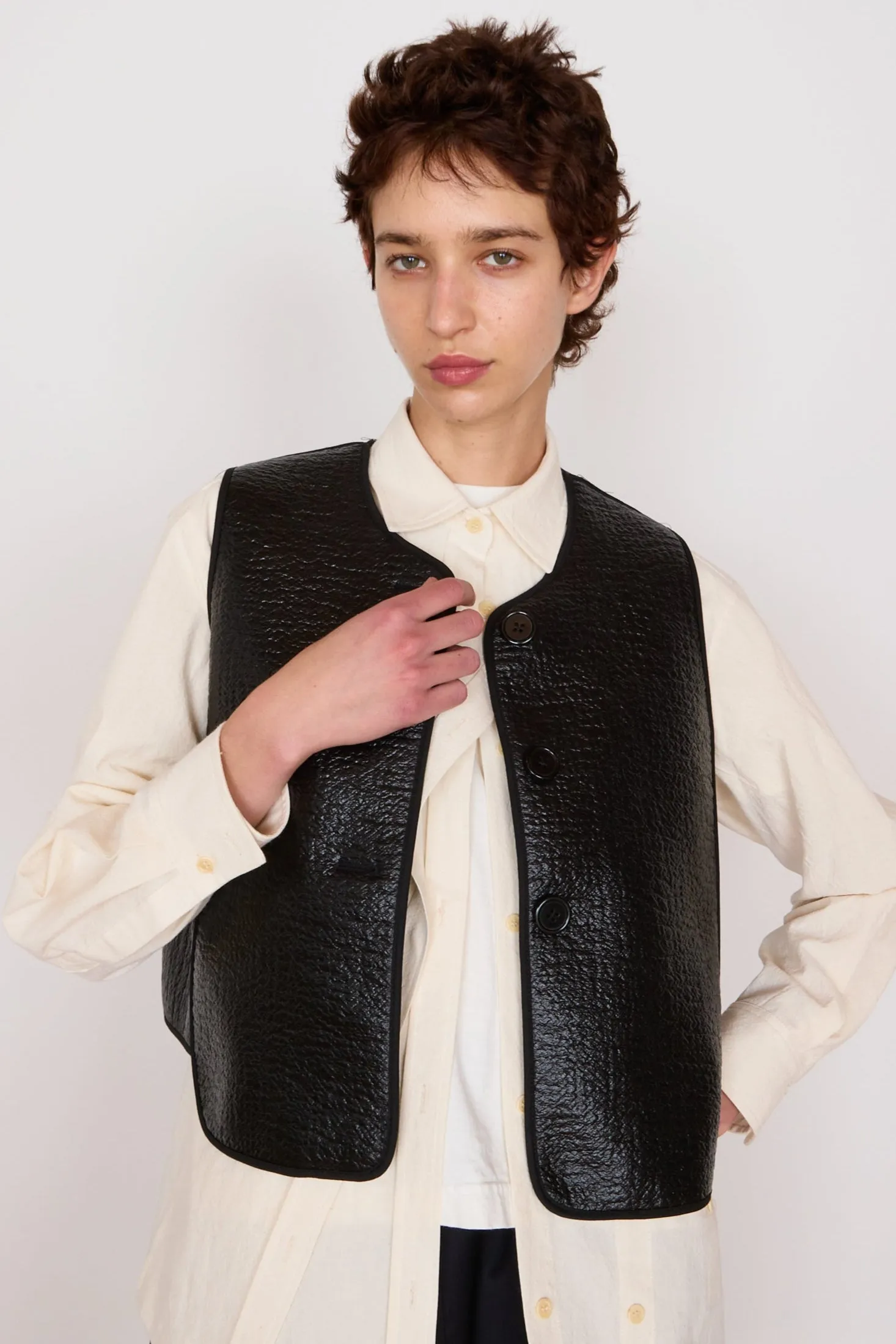 BILLIE VEST | BLACK PATENT WOOL sold by Caron Callahan