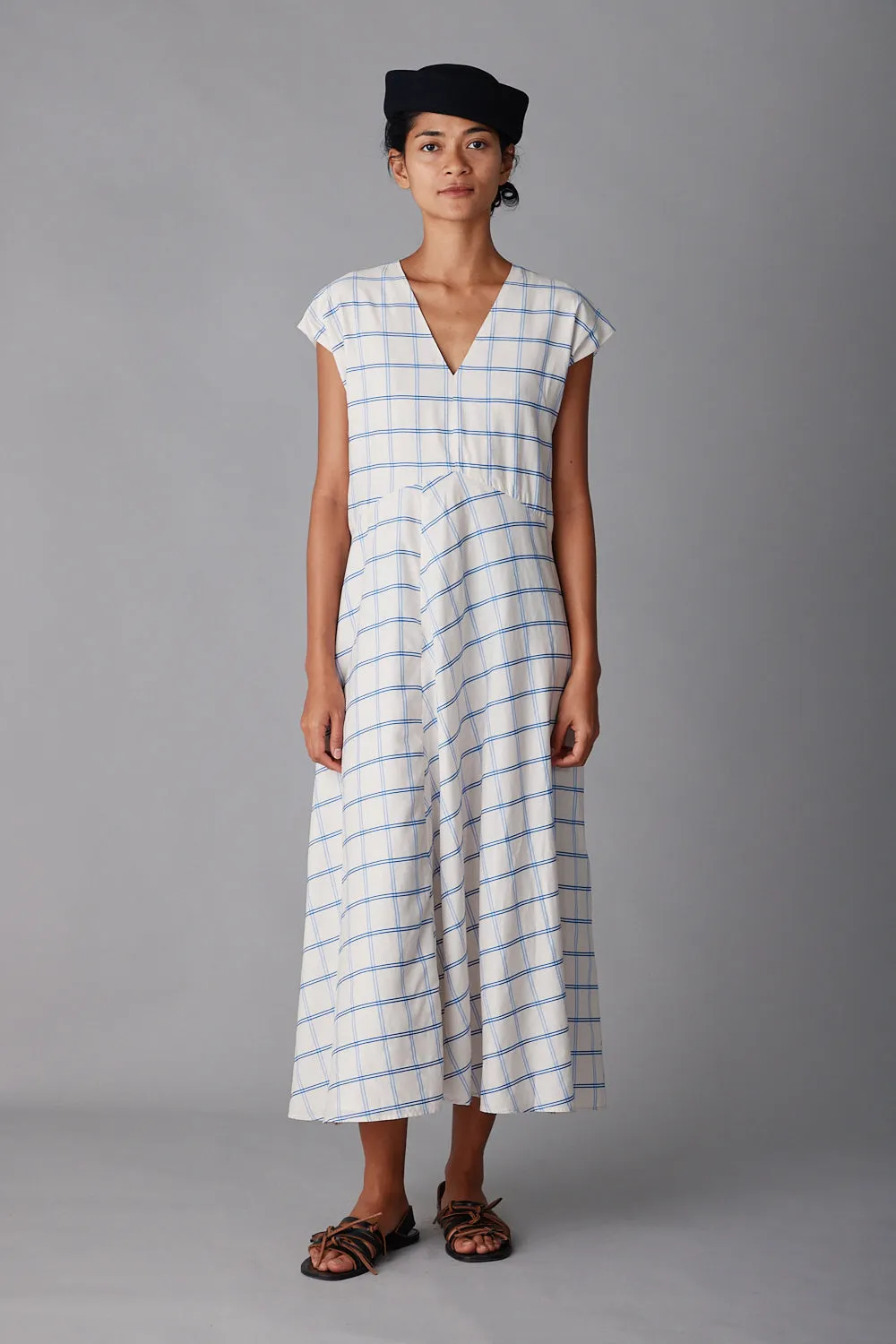 ENZO DRESS | CREAM & BLUE WINDOWPANE sold by Caron Callahan