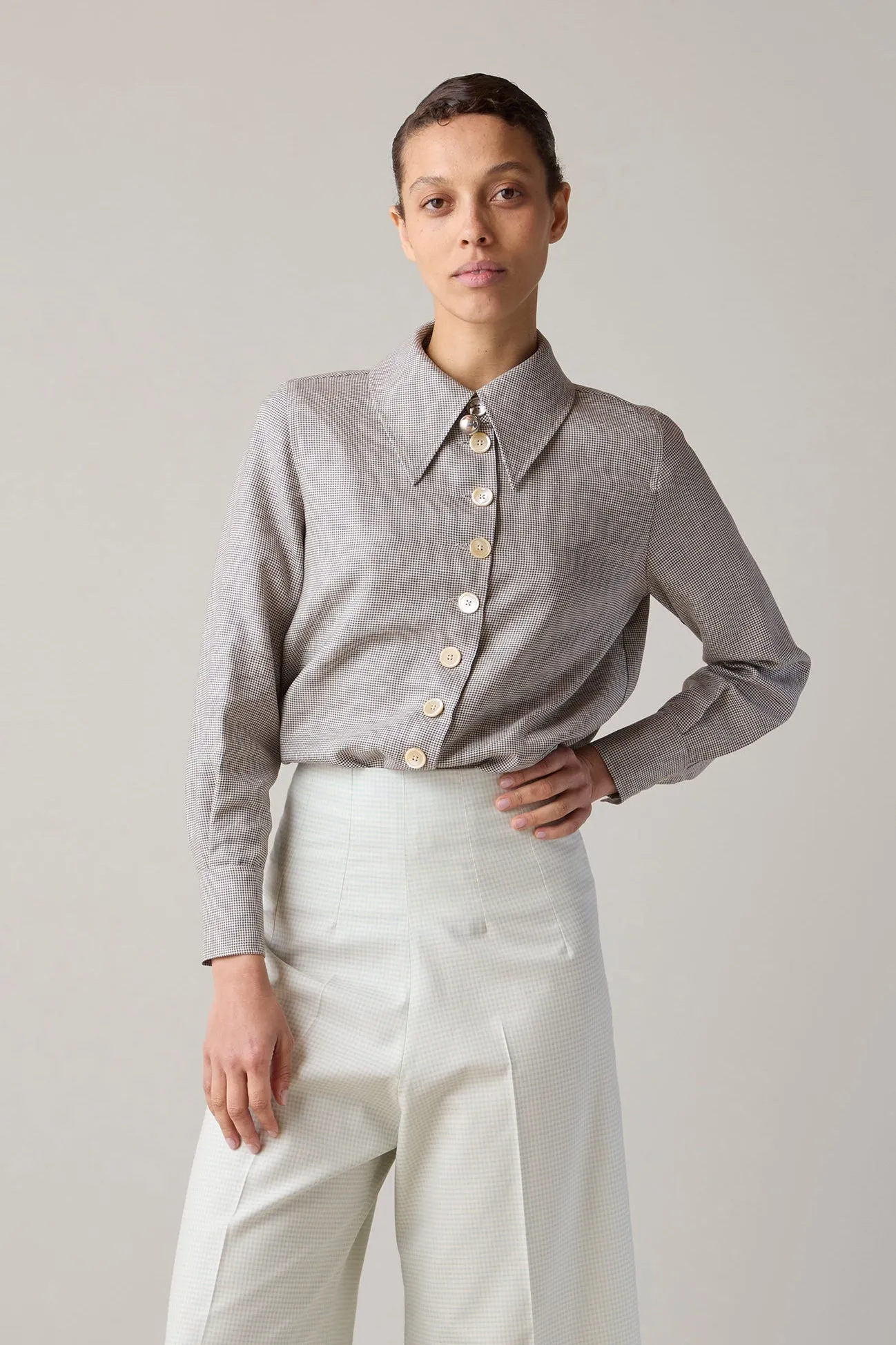 CARISSA SHIRT | BROWN MICRO HOUNDSTOOTH sold by Caron Callahan
