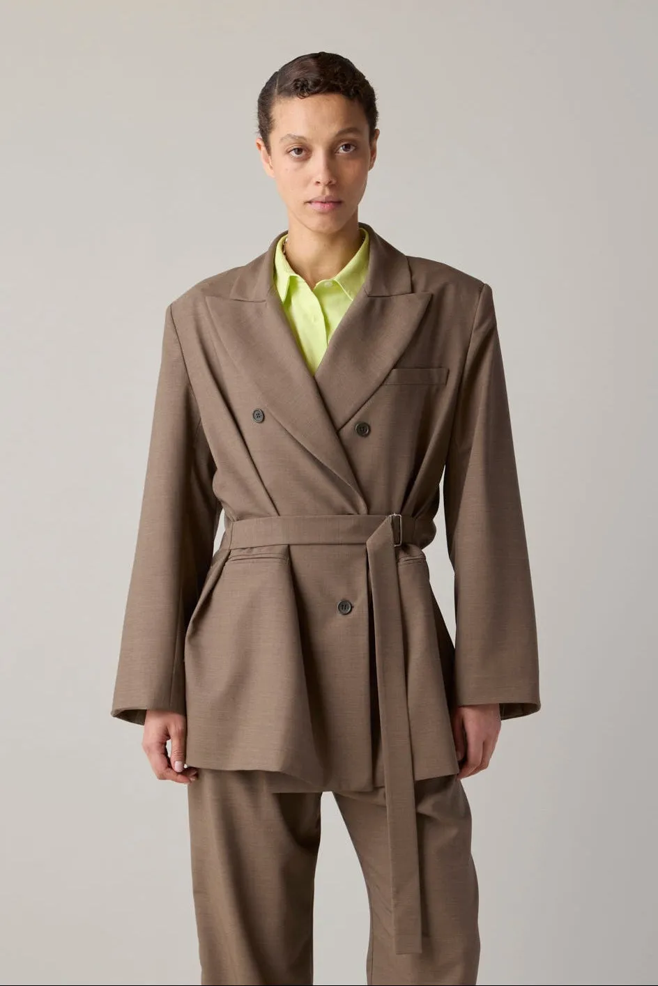 CLAIRE BLAZER WITH BELT | MUSHROOM TROPICAL WOOL sold by Caron Callahan