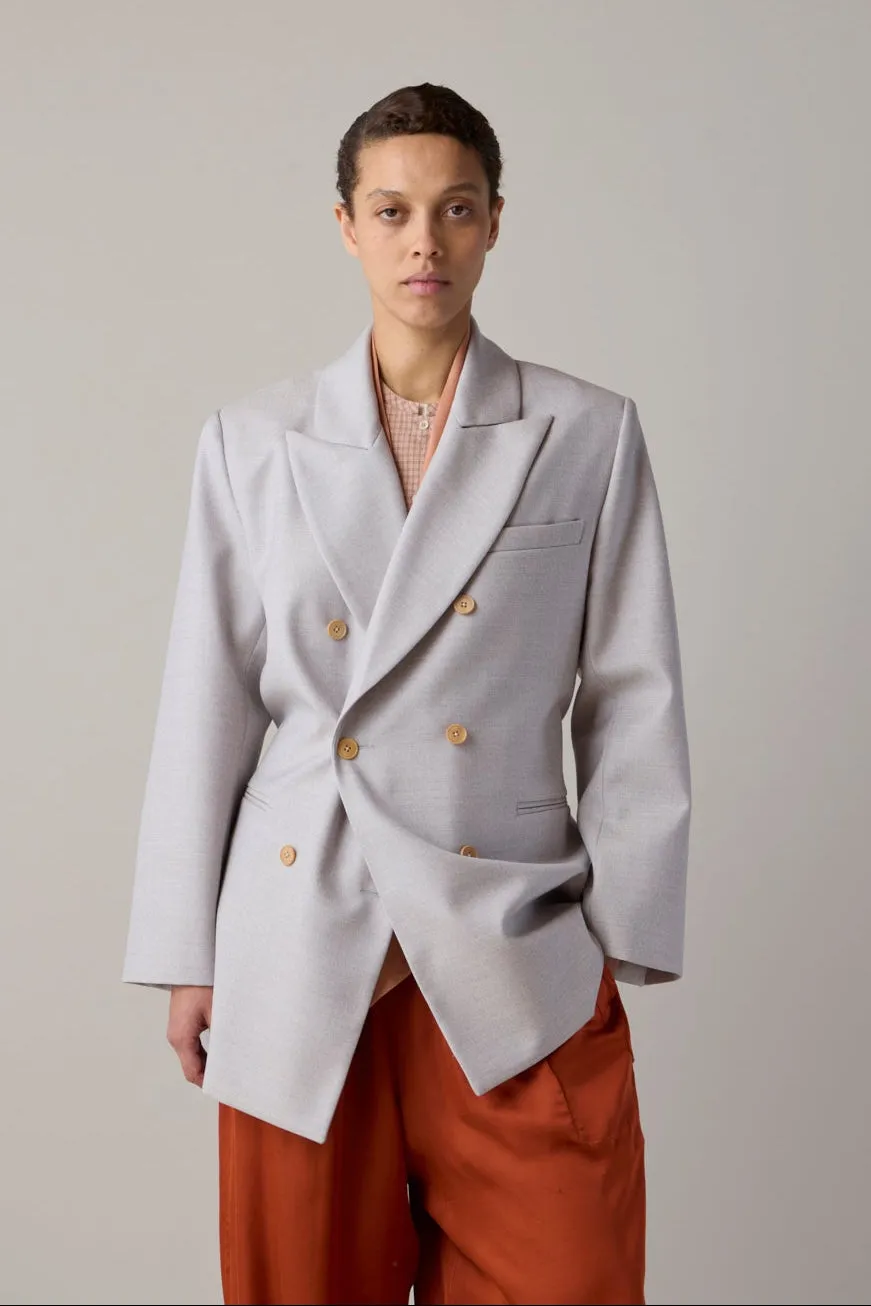 CLAIRE BLAZER WITH BELT | BLUE GREIGE WOOL CANVAS sold by Caron Callahan