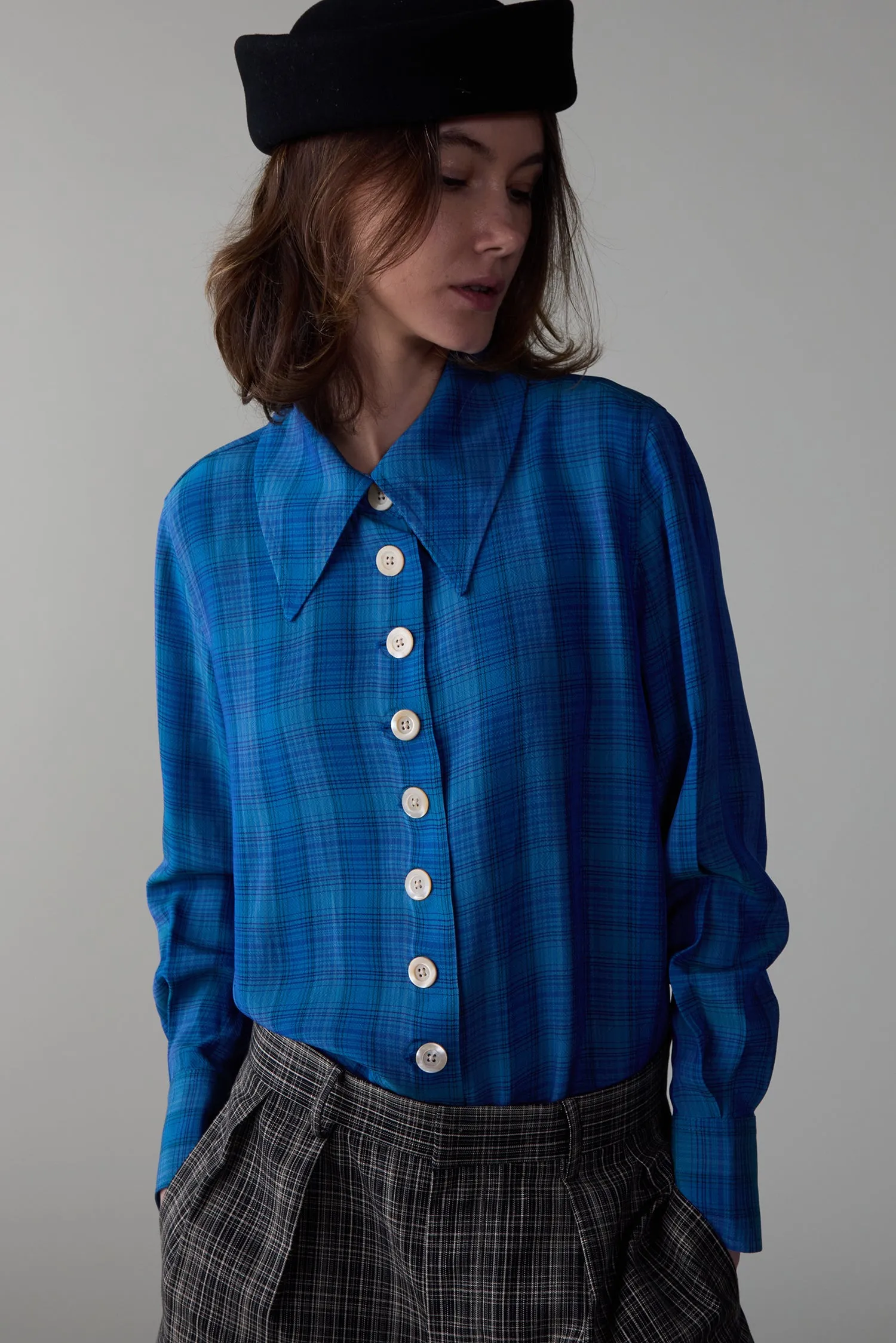 CARISSA SHIRT | TEAL VISCOSE PLAID sold by Caron Callahan