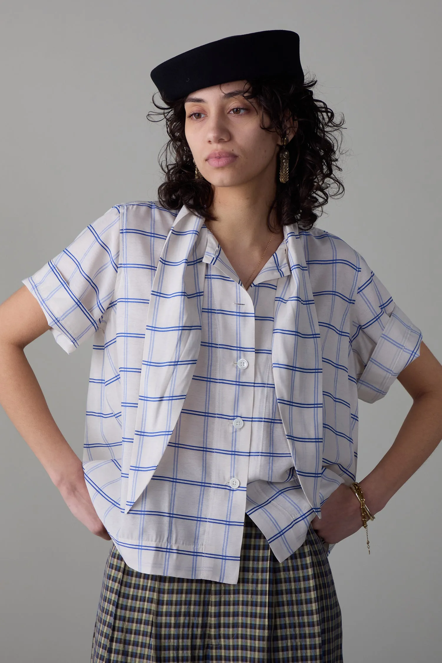 WESLEY SHIRT | CREAM & BLUE WINDOWPANE sold by Caron Callahan
