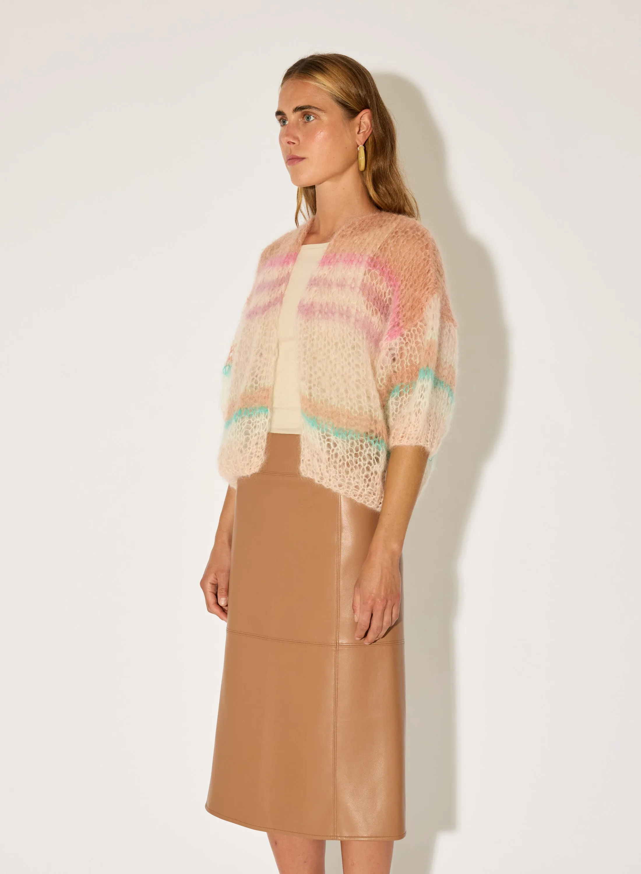 Mohair Short Sleeve Bomber Cardigan, Light Stripes sold by Maiami product image thumbnail 5