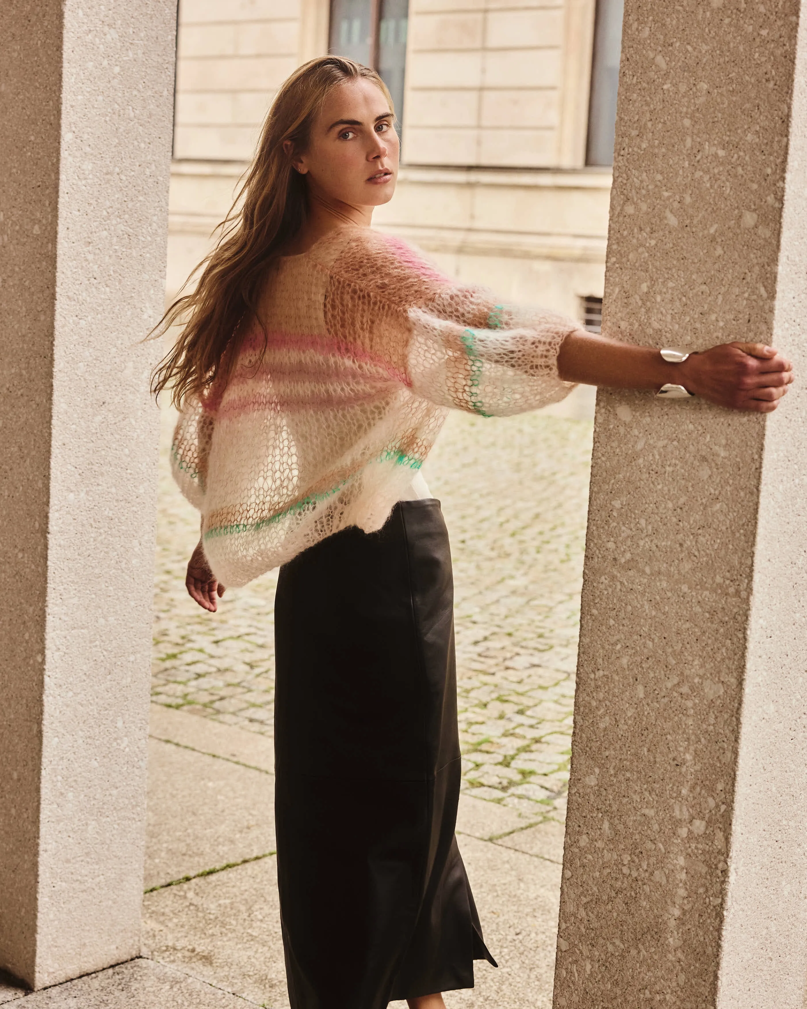 Mohair Short Sleeve Bomber Cardigan, Light Stripes sold by Maiami product image thumbnail 4