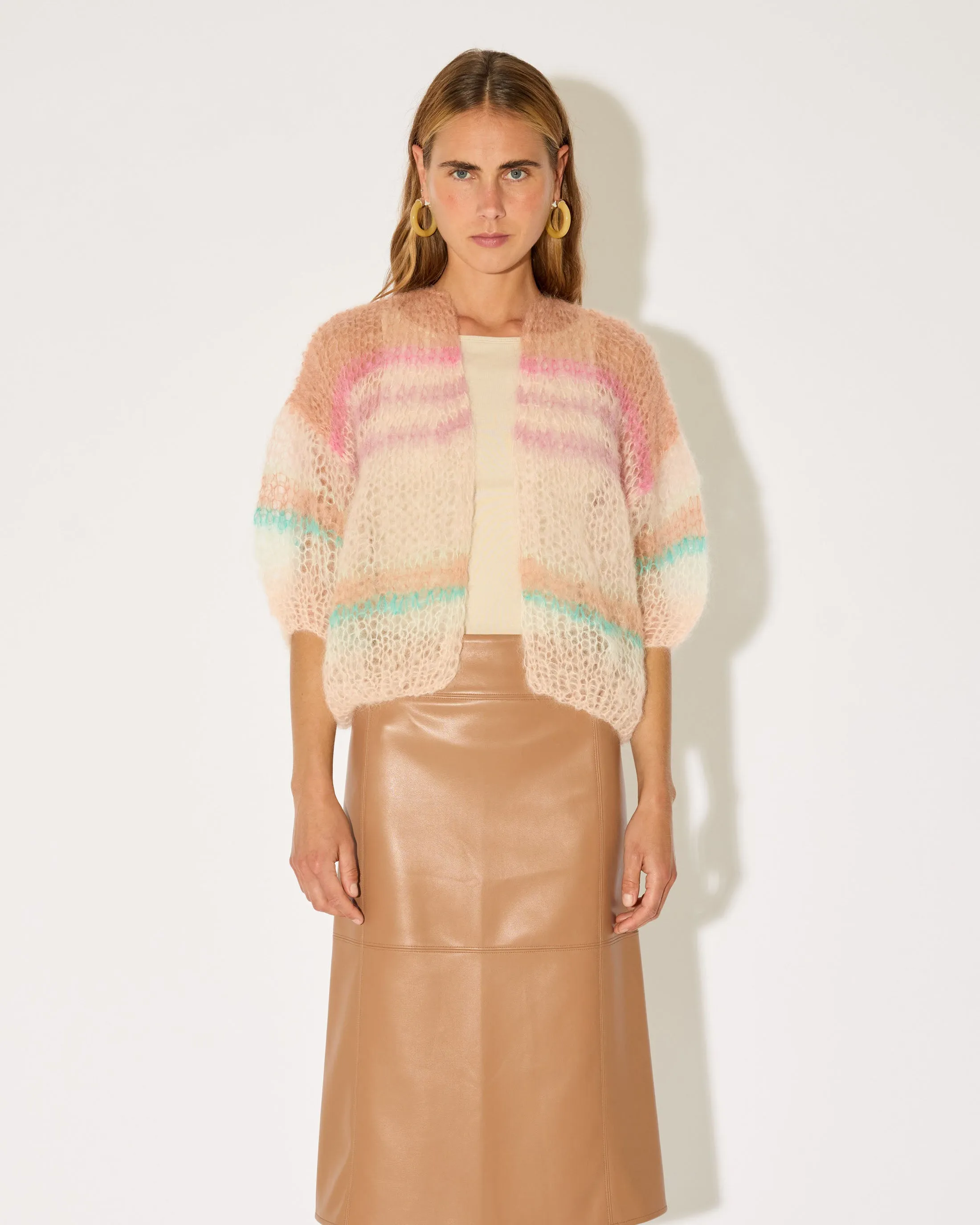 Mohair Short Sleeve Bomber Cardigan, Light Stripes sold by Maiami