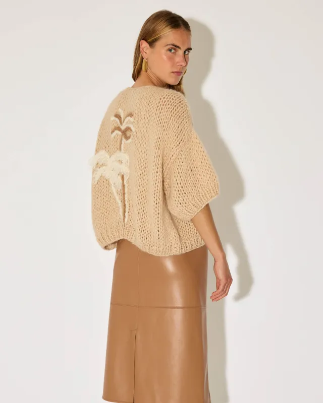 Alpaca Short Sleeve Cardigan, Palm Embroidery (Back) made by Maiami