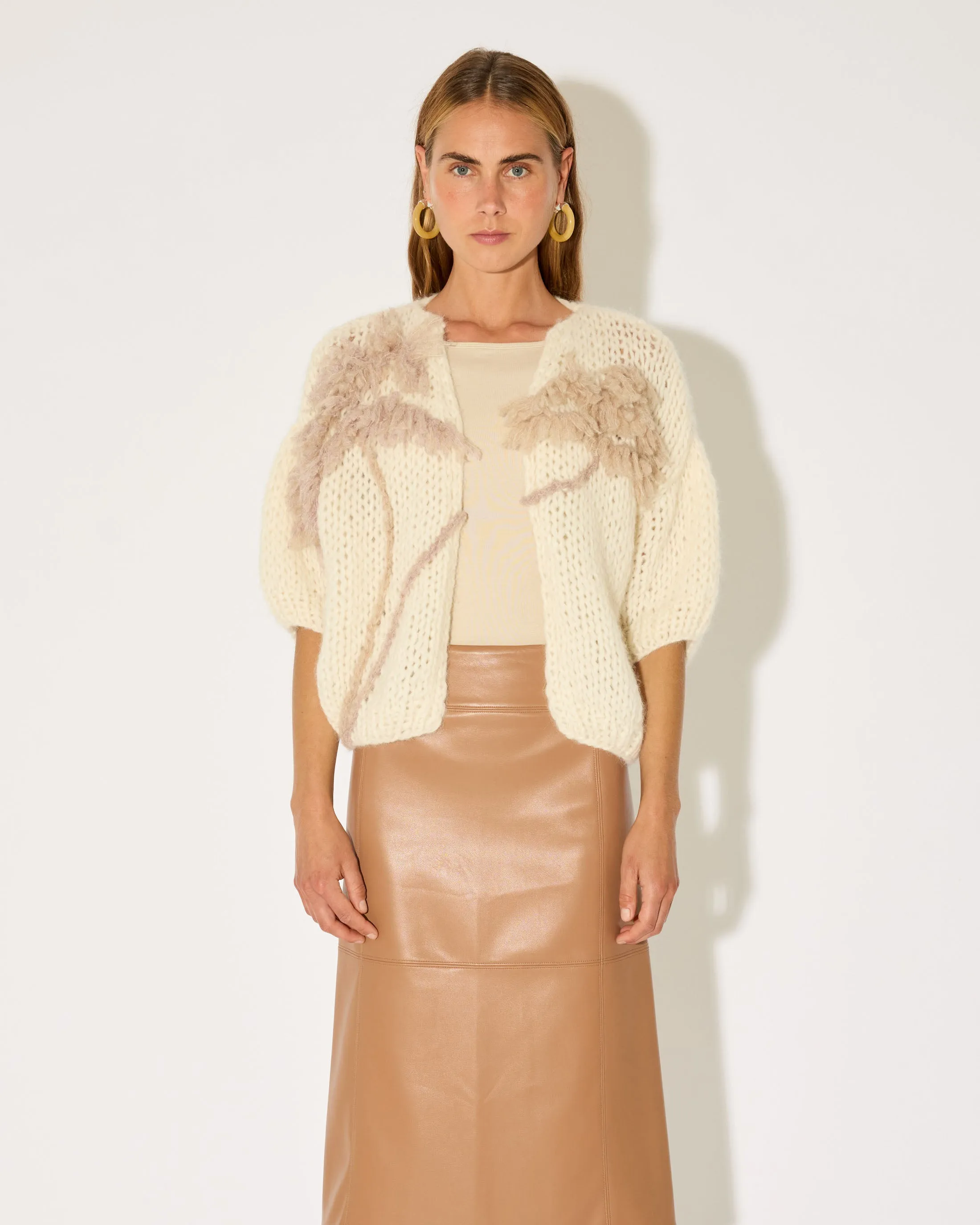 Alpaca Short Sleeve Cardigan, Palm Embroidery (Front) sold by Maiami