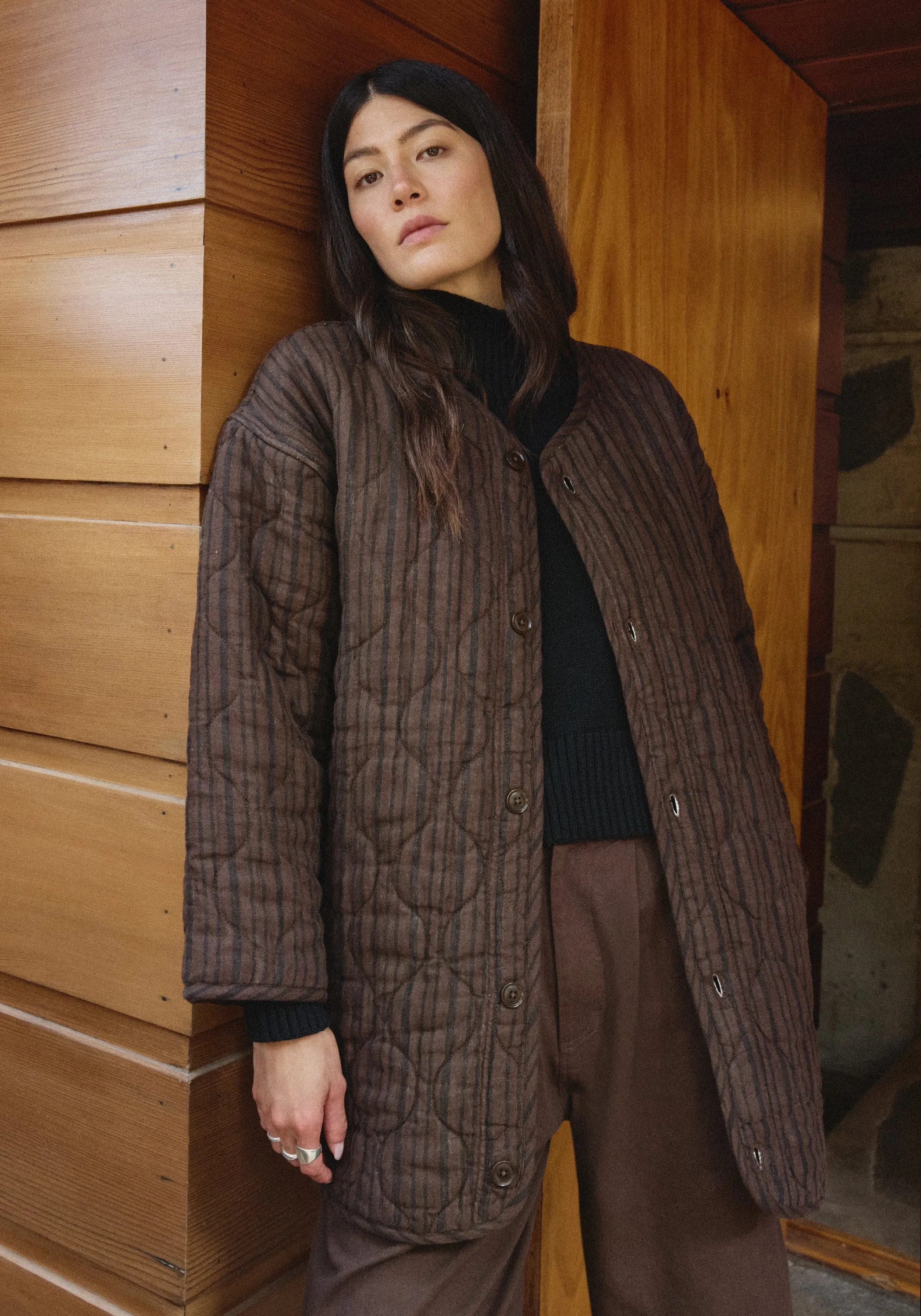 Quilted Coat Walnut Stripe sold by First Rite