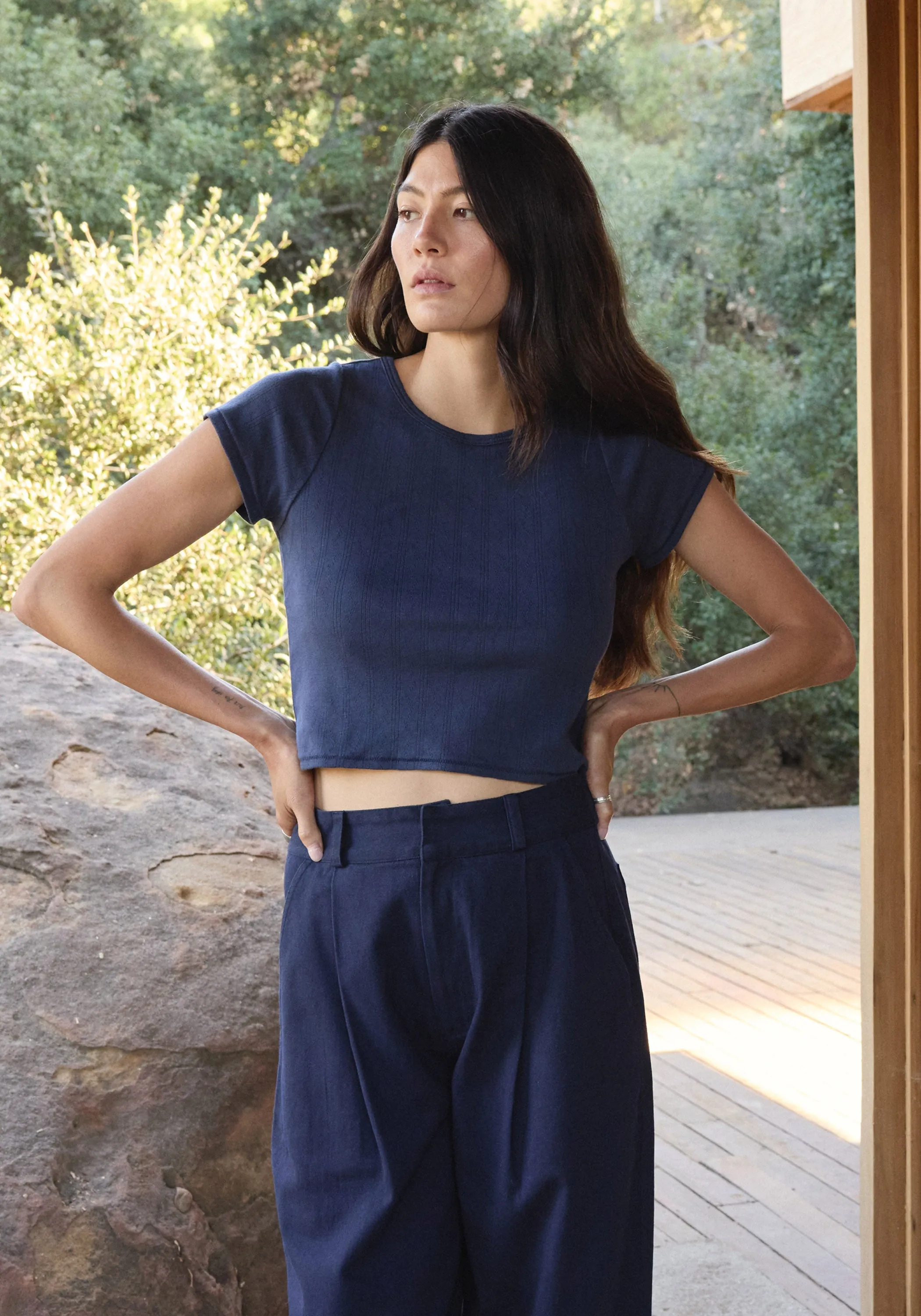 Crop Pointelle Tee Navy sold by First Rite