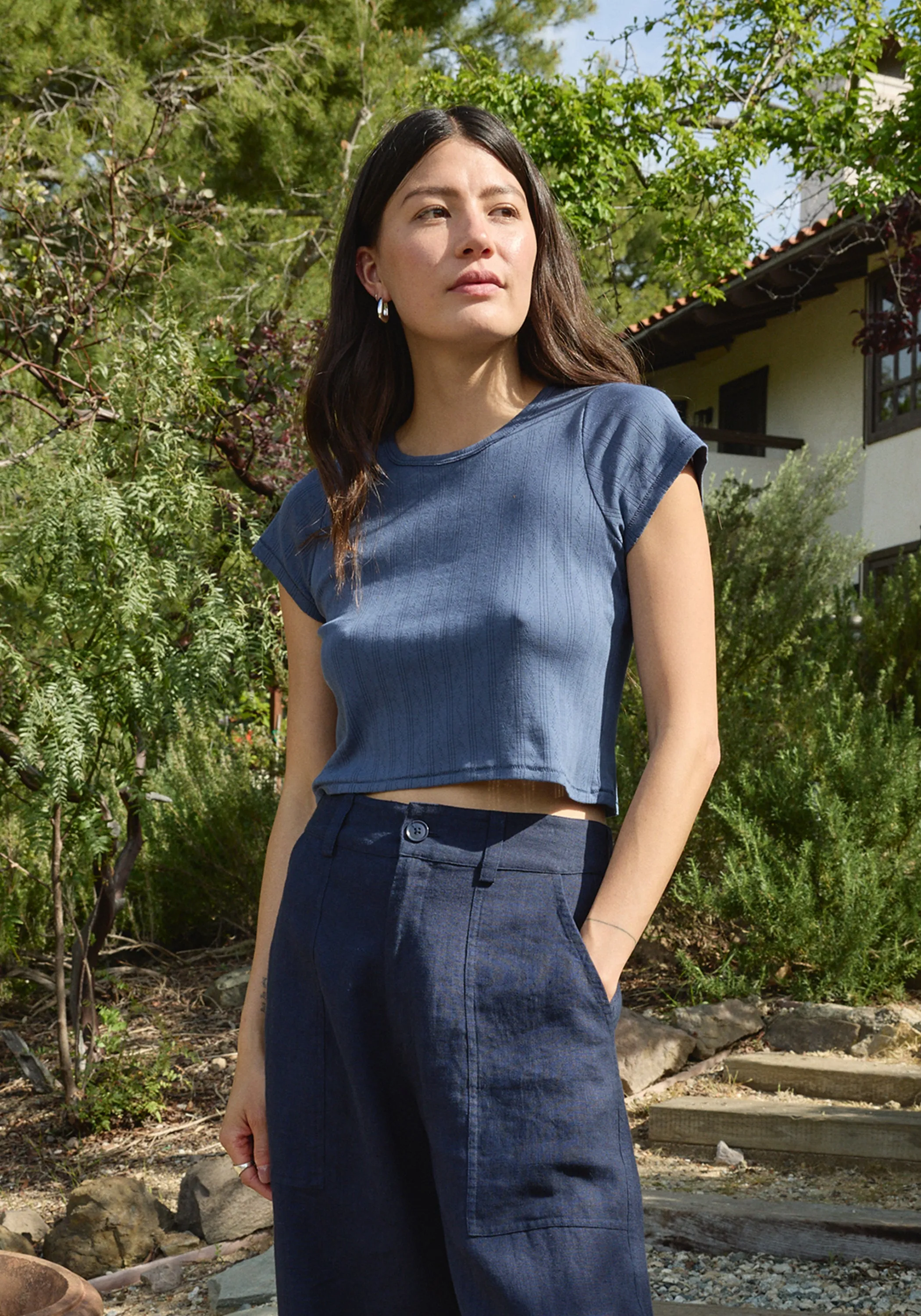 Crop Pointelle Tee Indigo sold by First Rite