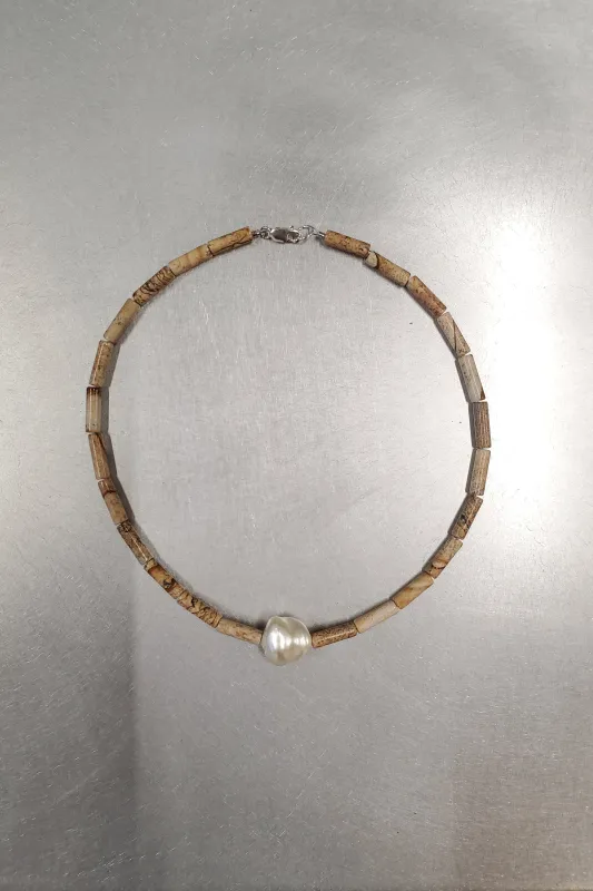 Sand Jasper and Pearl choker made by NOMIA