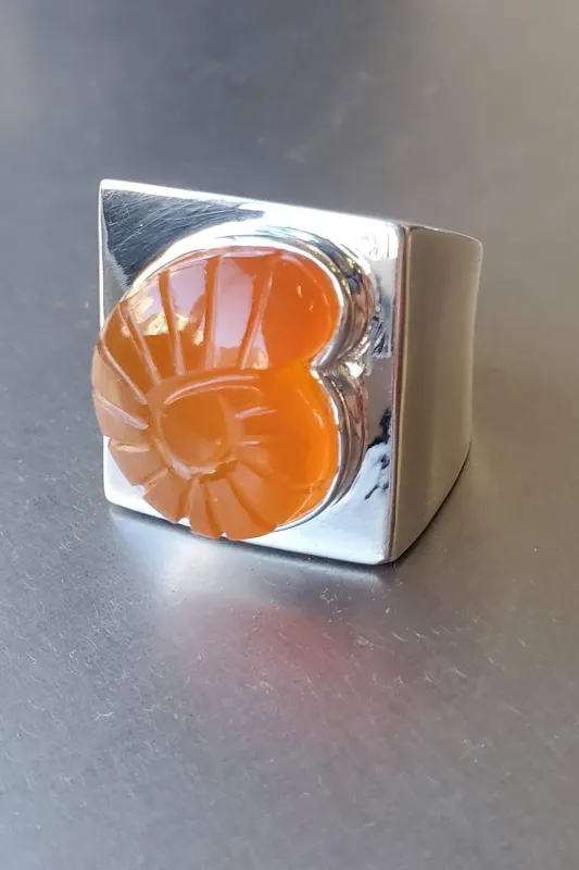 Carved Nautilus Stone Silver ring - Red Onyx made by NOMIA