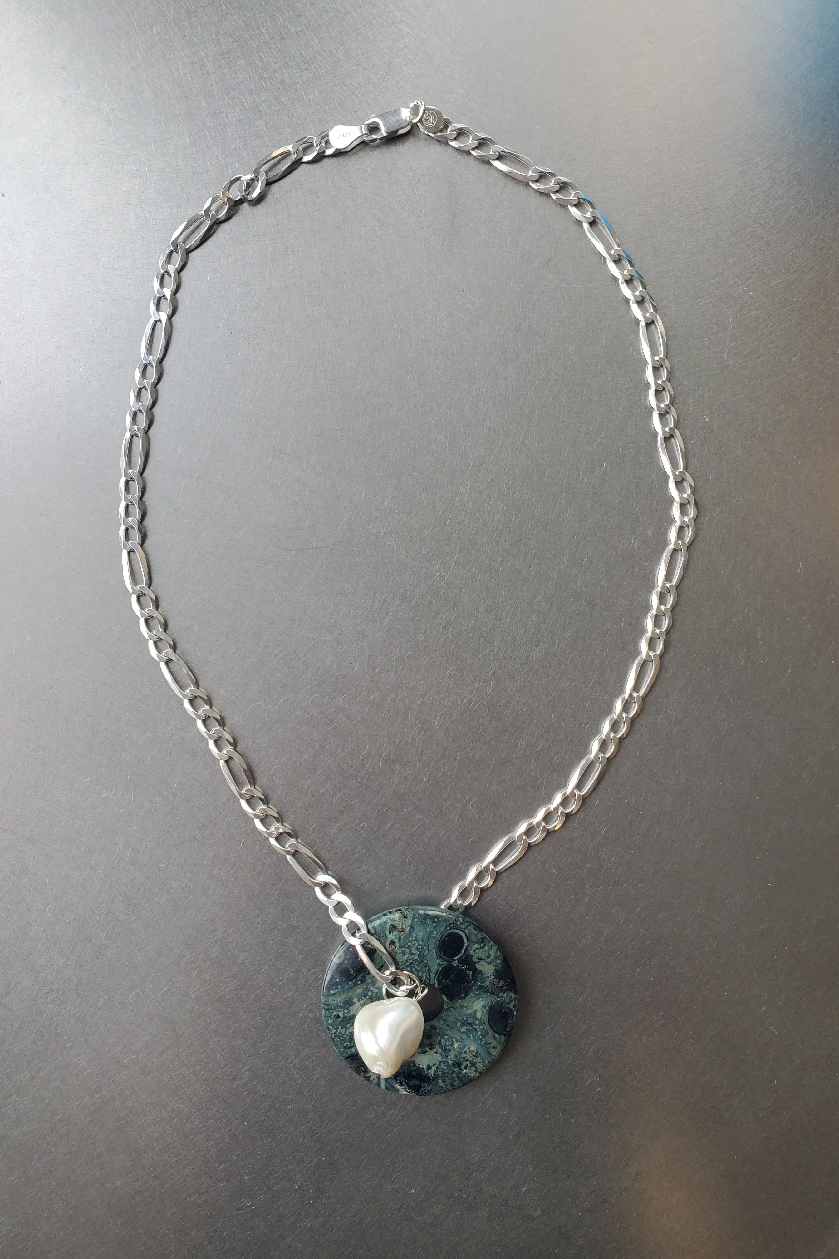 Chunky Silver Figaro Chain with Jasper Ring and Pearl sold by NOMIA