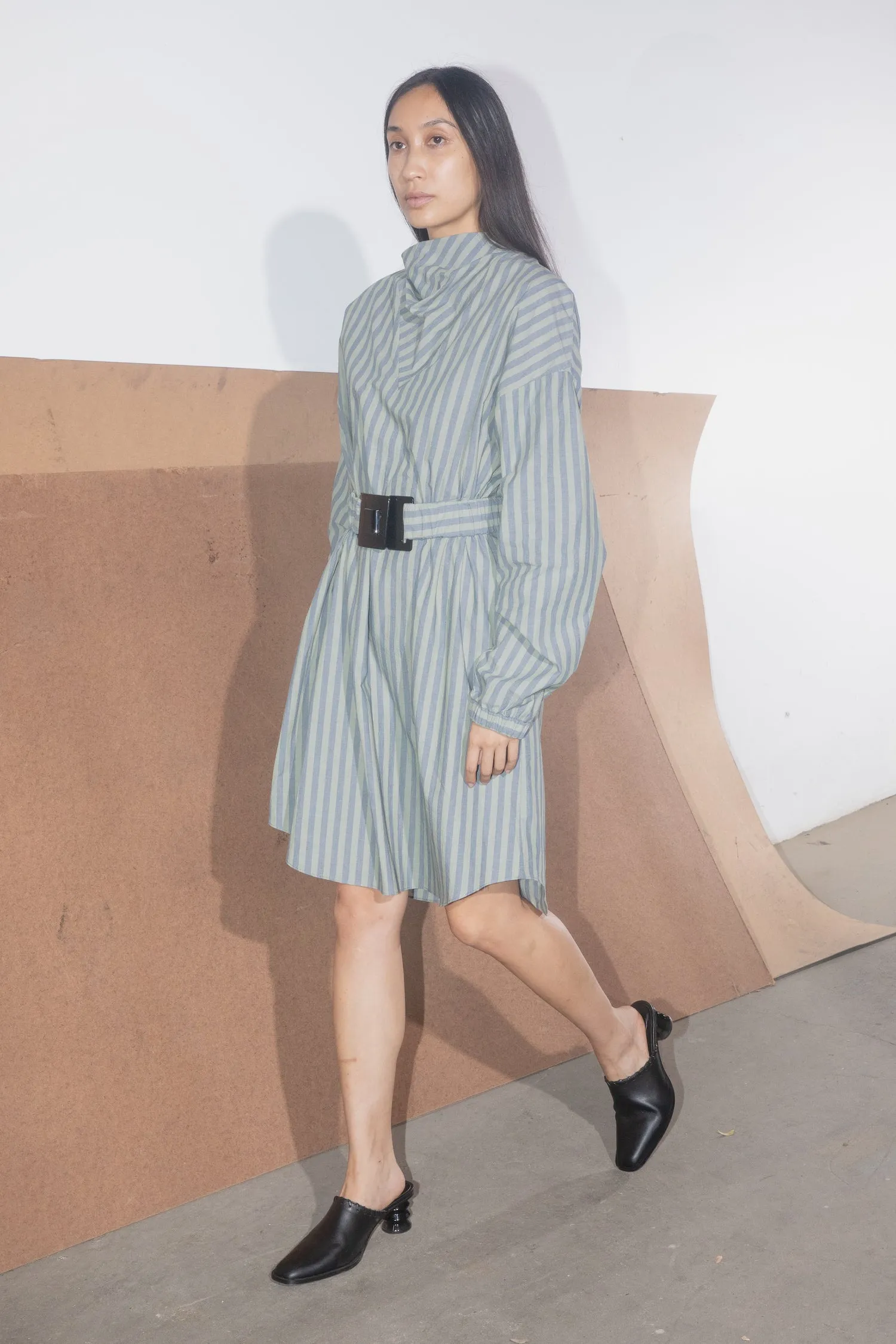 Belted Anorak Tunic Dress - Sage/Denim Stripe sold by NOMIA