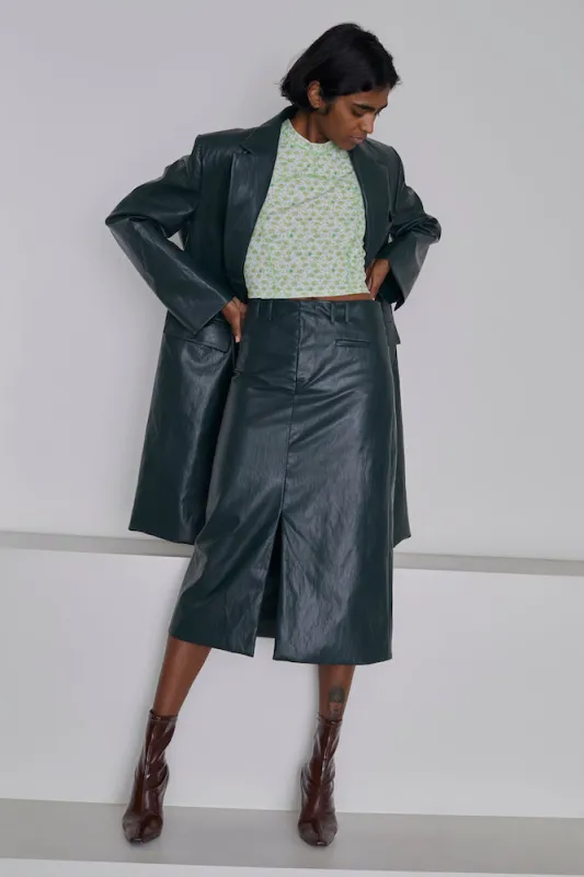 Slit Front Skirt - Pine Faux Leather made by NOMIA