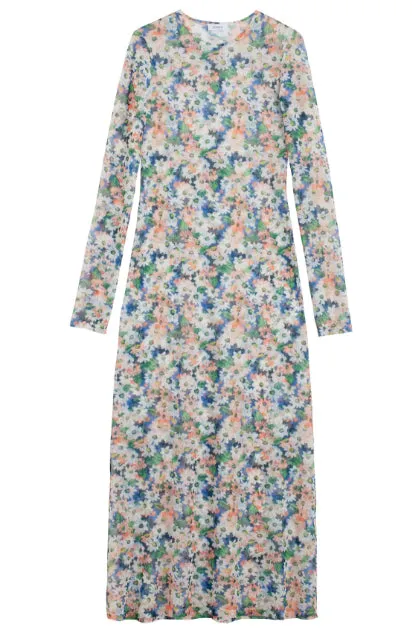 Long Sleeve Maxi Mesh Dress - Orange / Blue Floral sold by NOMIA product image thumbnail 3