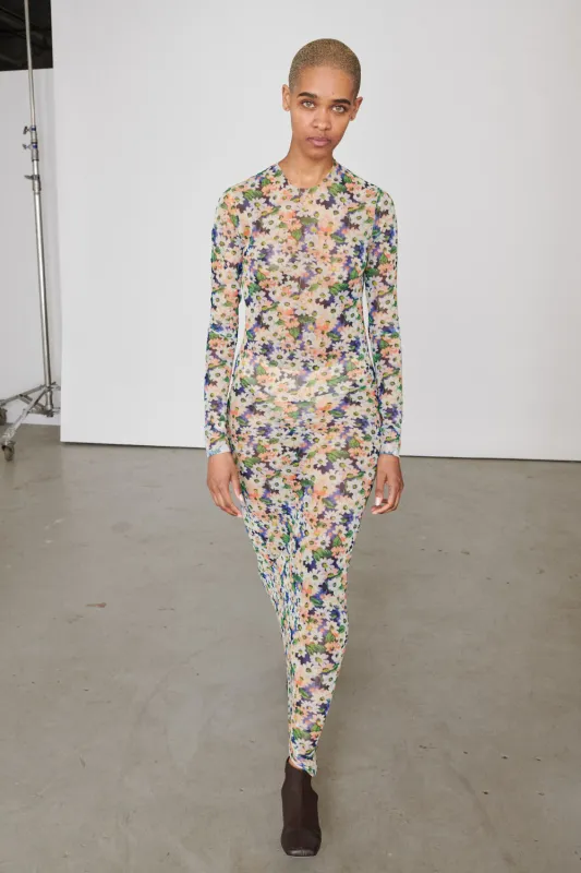 Long Sleeve Maxi Mesh Dress - Orange / Blue Floral made by NOMIA