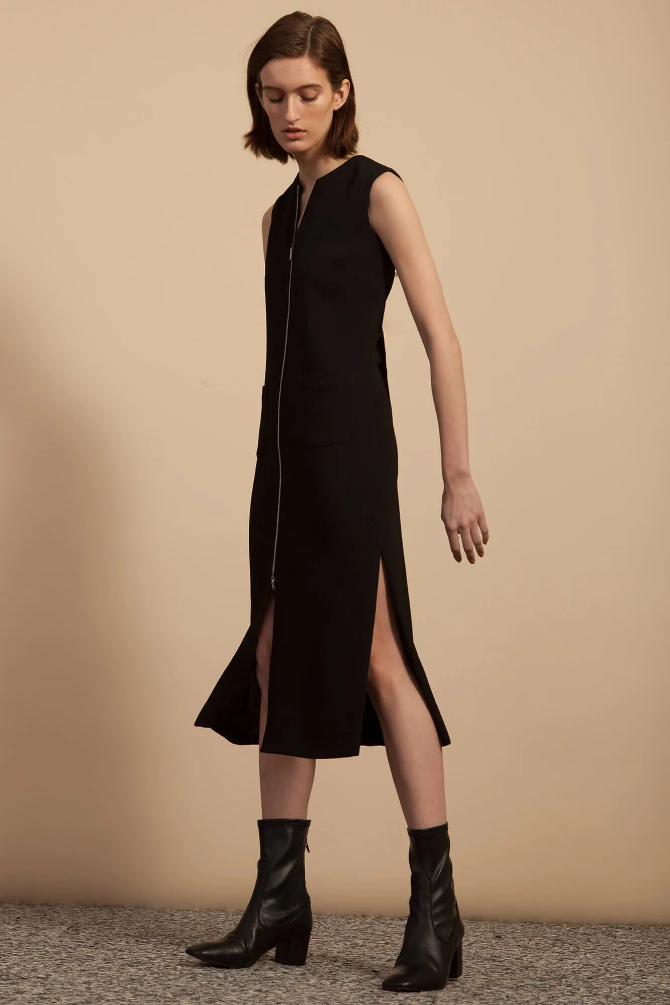 Zip Front Dress - Black Matte Crepe sold by NOMIA