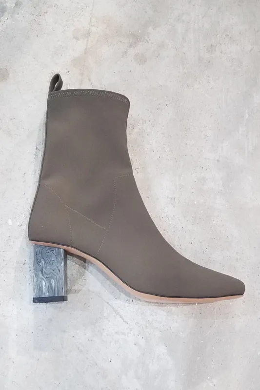 Binx Boot in Matte Lycra - Khaki with Grey Marble Heel made by NOMIA