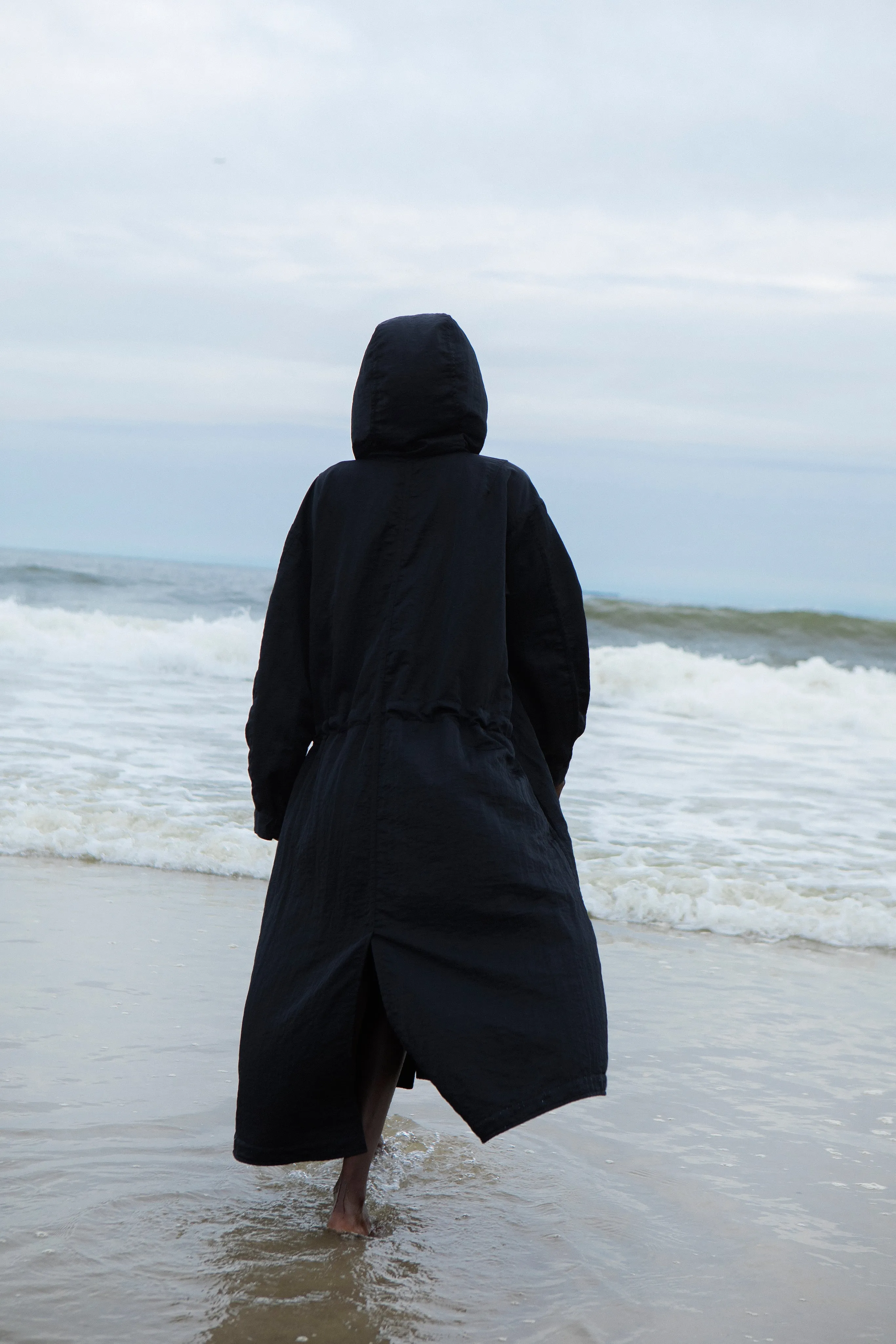 Extra Long Fishtail Parka - Black Crinkle Nylon sold by NOMIA