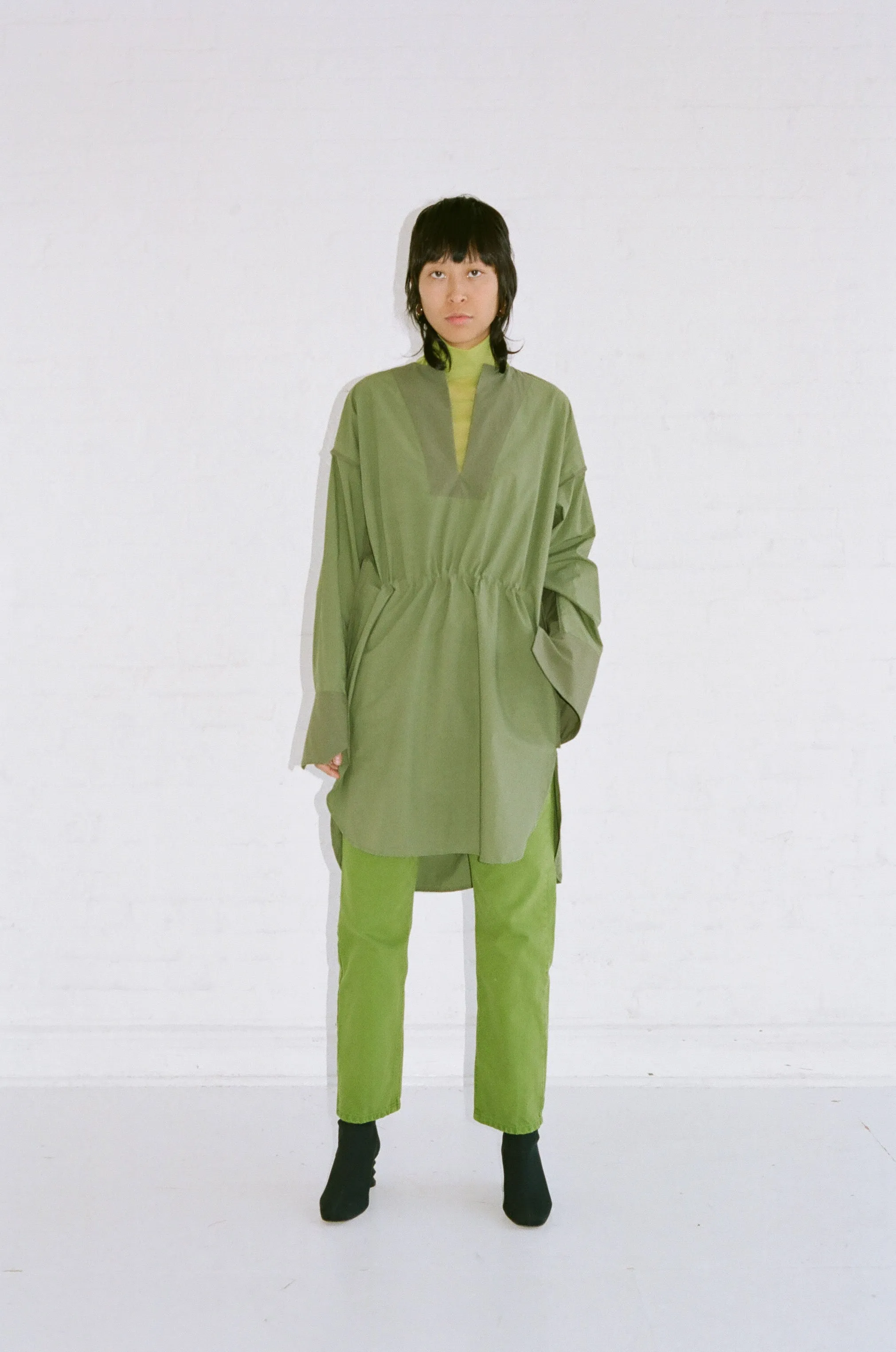 OVERSIZE TUNIC WITH BINDING - KHAKI / BOTTLE GREEN sold by NOMIA