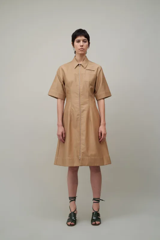 ZIP FRONT POCKET DRESS - TAN made by NOMIA