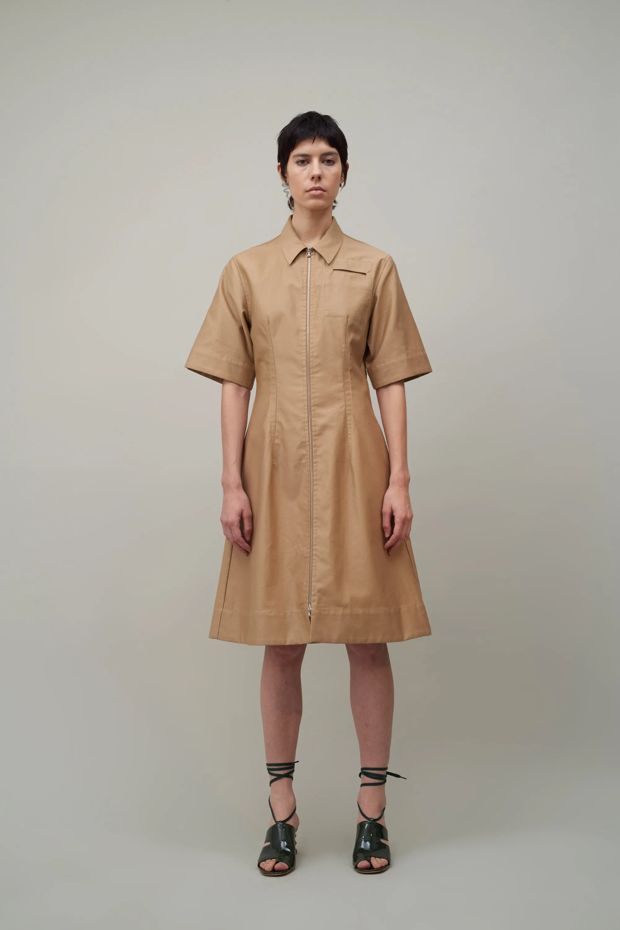 ZIP FRONT POCKET DRESS - TAN sold by NOMIA