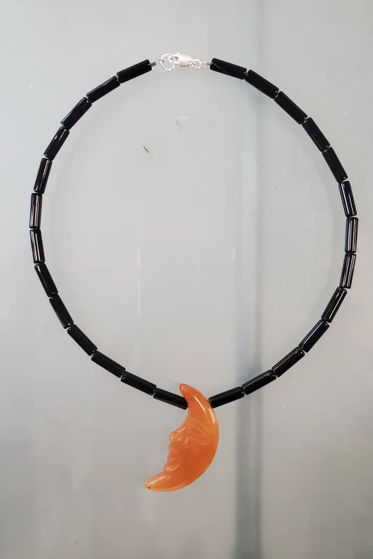 Onyx and Orange Calcite Moon Choker made by NOMIA