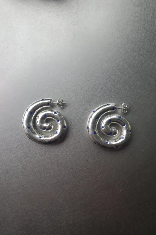 Sterling Silver Spiral Earrings - Blue Enamel Dot made by NOMIA