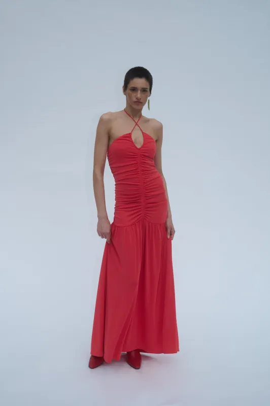 Halter Shirred Maxi Dress - Flame made by NOMIA