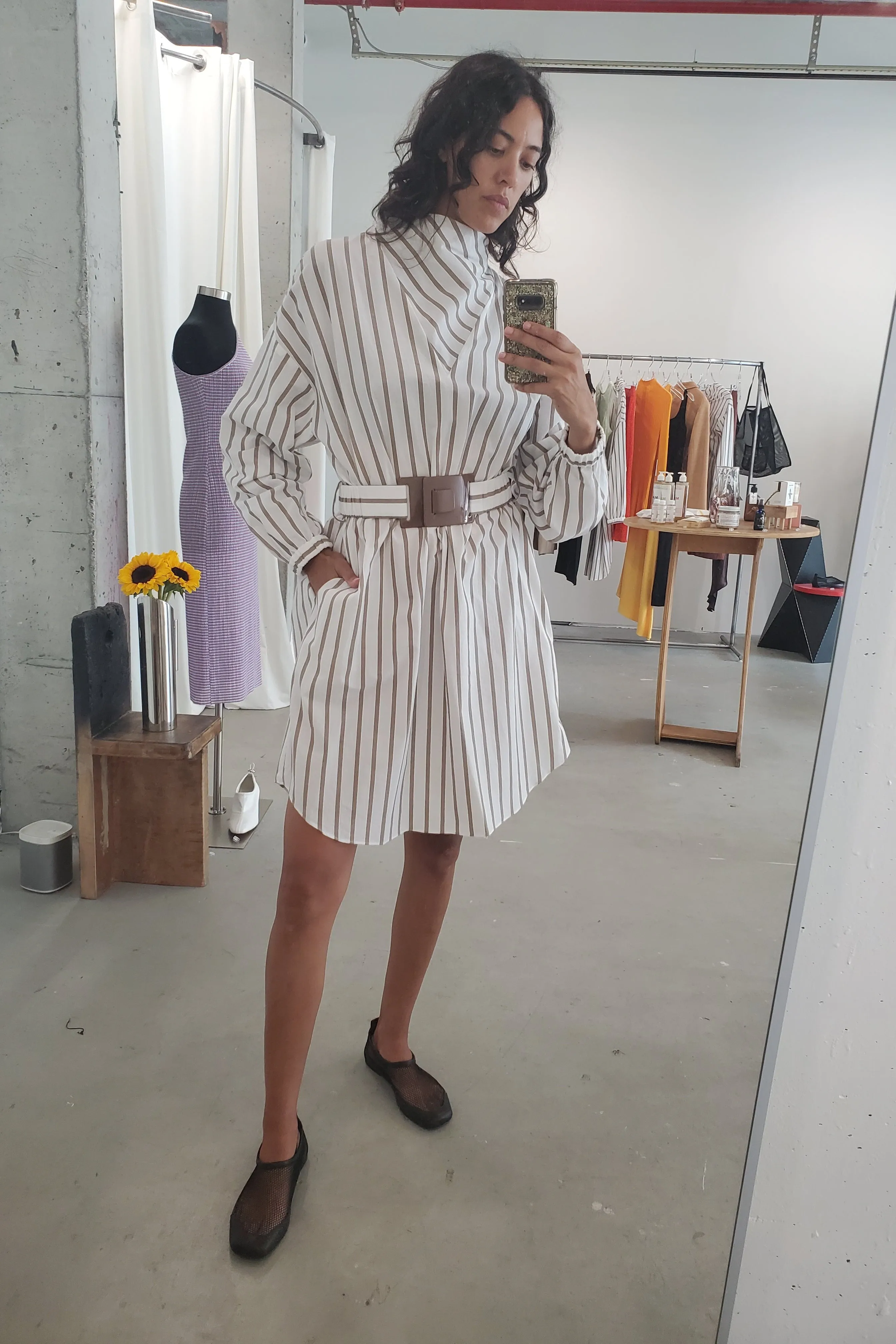 Belted Anorak Tunic Dress - White / Tan Stripe sold by NOMIA