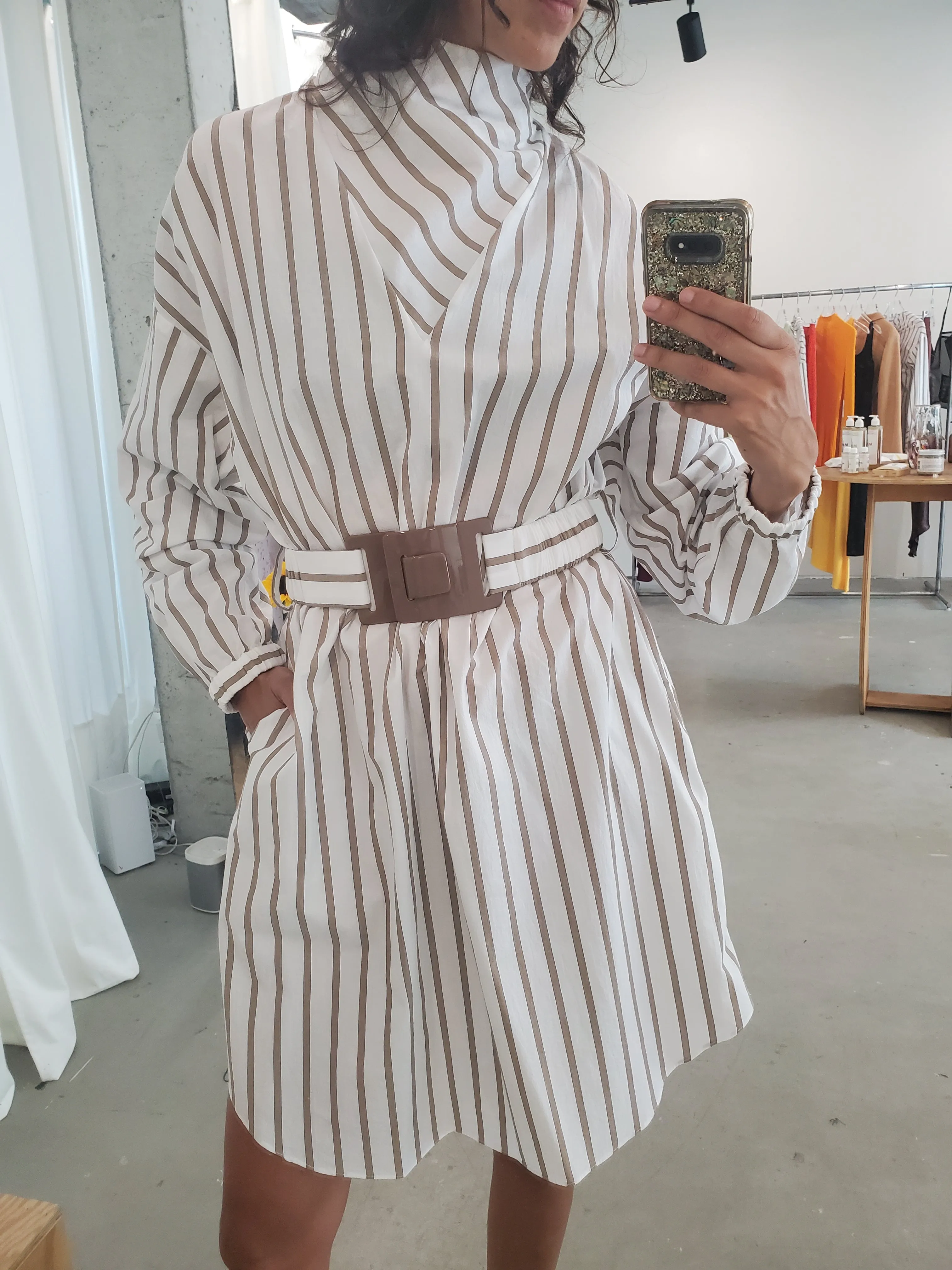 Belted Anorak Tunic Dress - White / Tan Stripe sold by NOMIA product image thumbnail 2