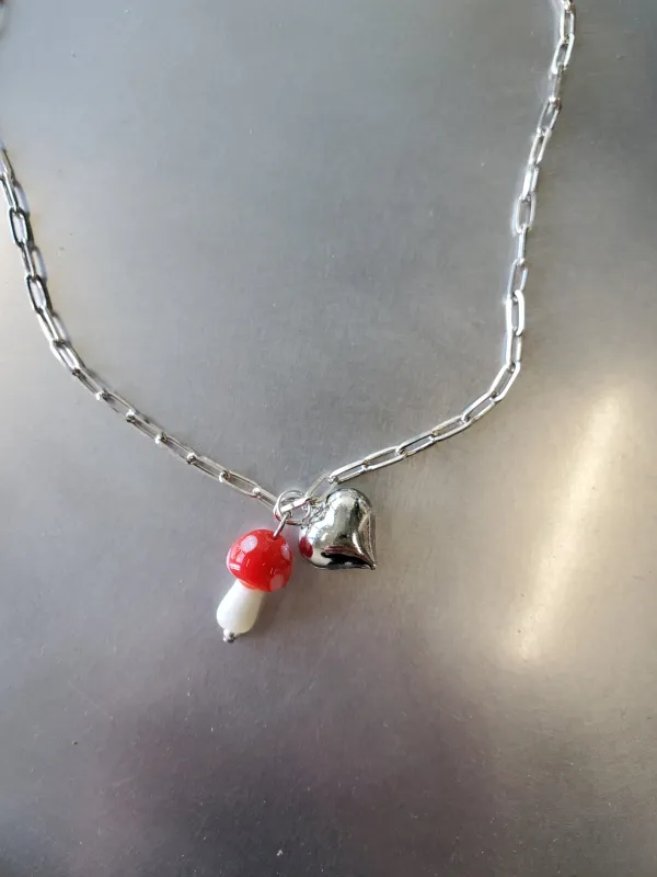 Sterling Paperclip Link Chain Necklace with Mushroom and Heart made by NOMIA