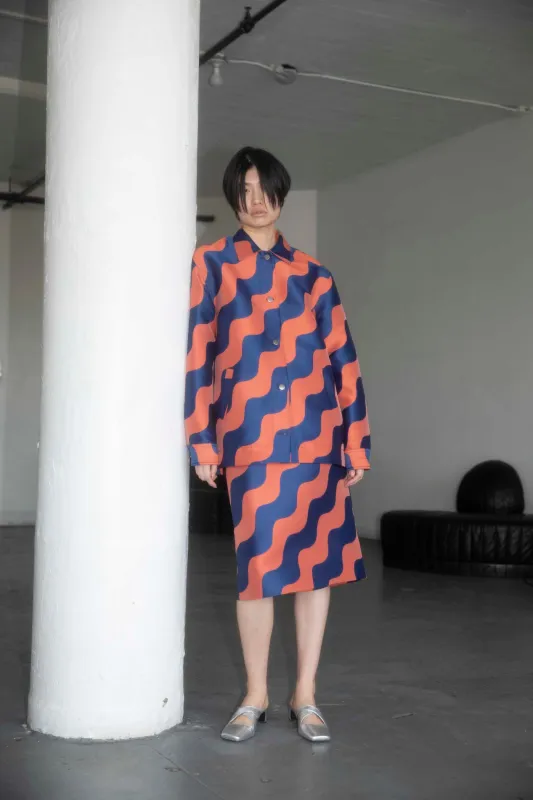 Wave Jacquard Midi Pencil Skirt - Rust / Navy made by NOMIA